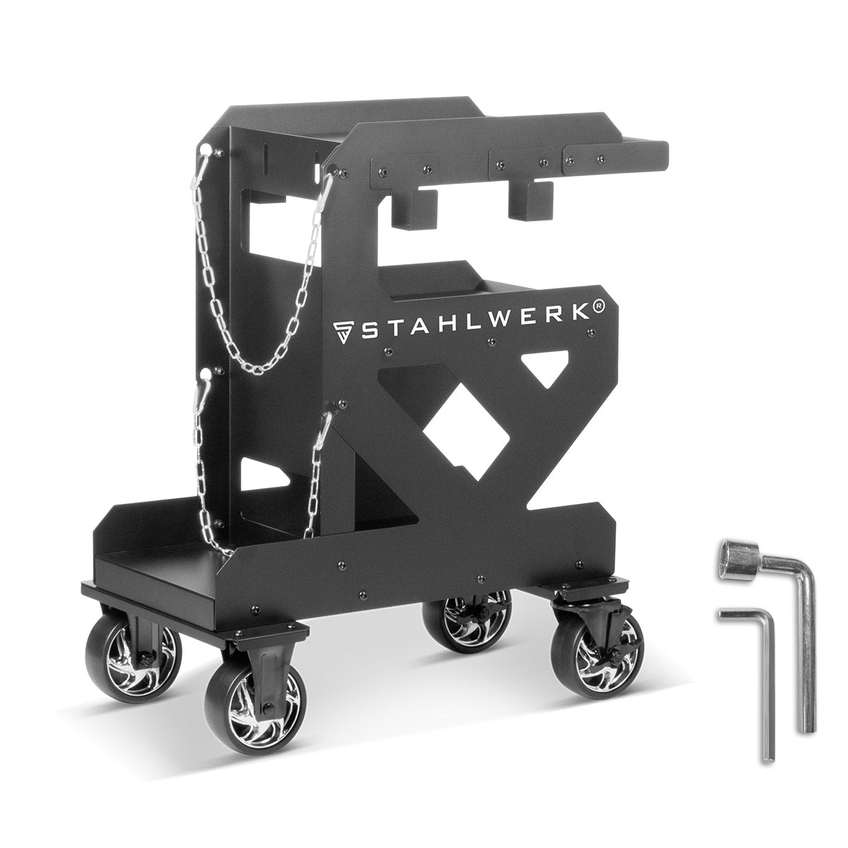 STAHLWERK welding trolley SW-600-ST | 1.5mm wall thickness | Robust welding equipment trolley | Plasma cutter transport trolley with hose and cable holder | Gas bottle chain lock | Longlife rubber wheels