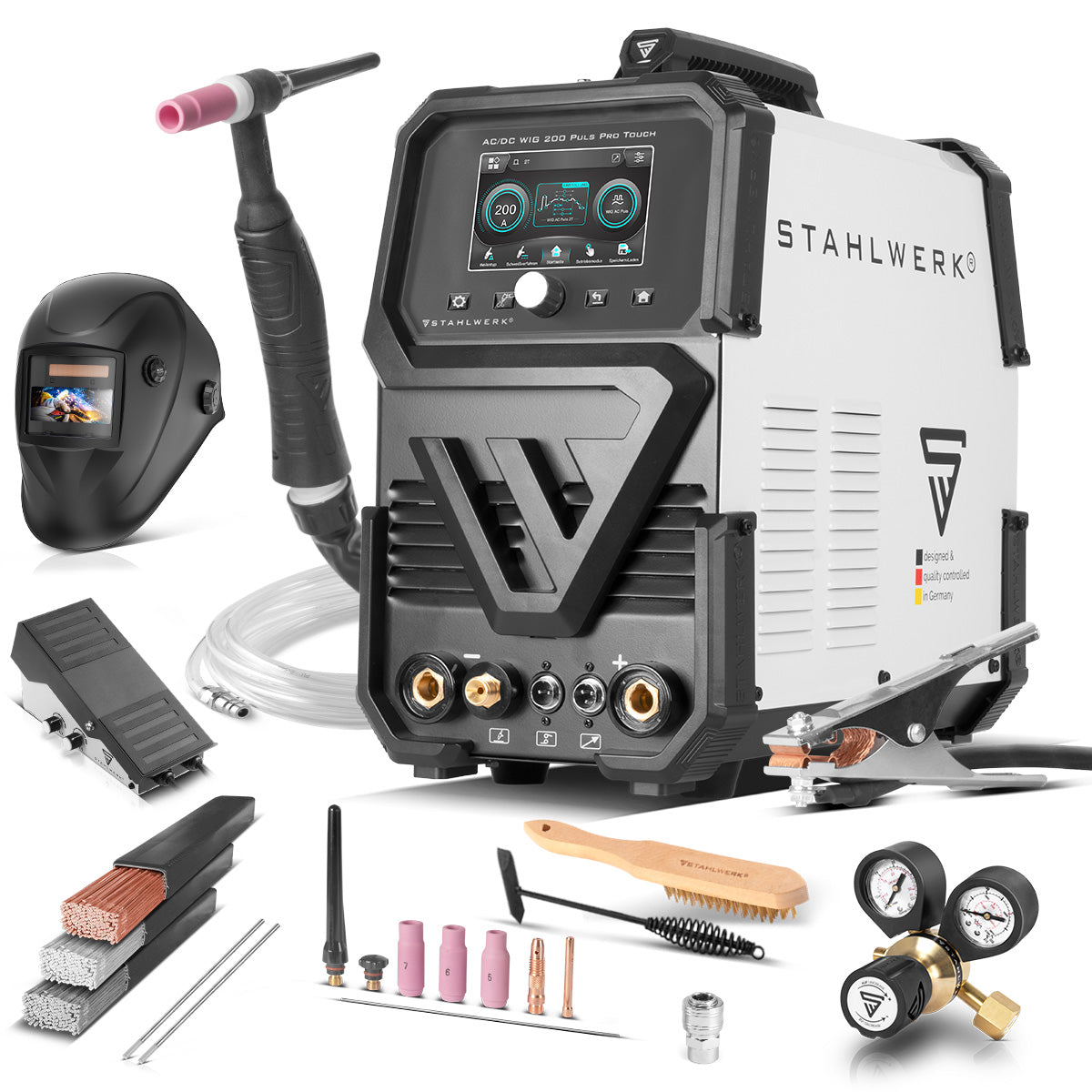 STAHLWERK inert gas welding machine AC/DC TIG 200 Puls Pro Touch fully equipped 200 amp IGBT inverter | ARC/MMA function | Job storage | Pulse and spot function suitable for aluminum and thin sheet metal