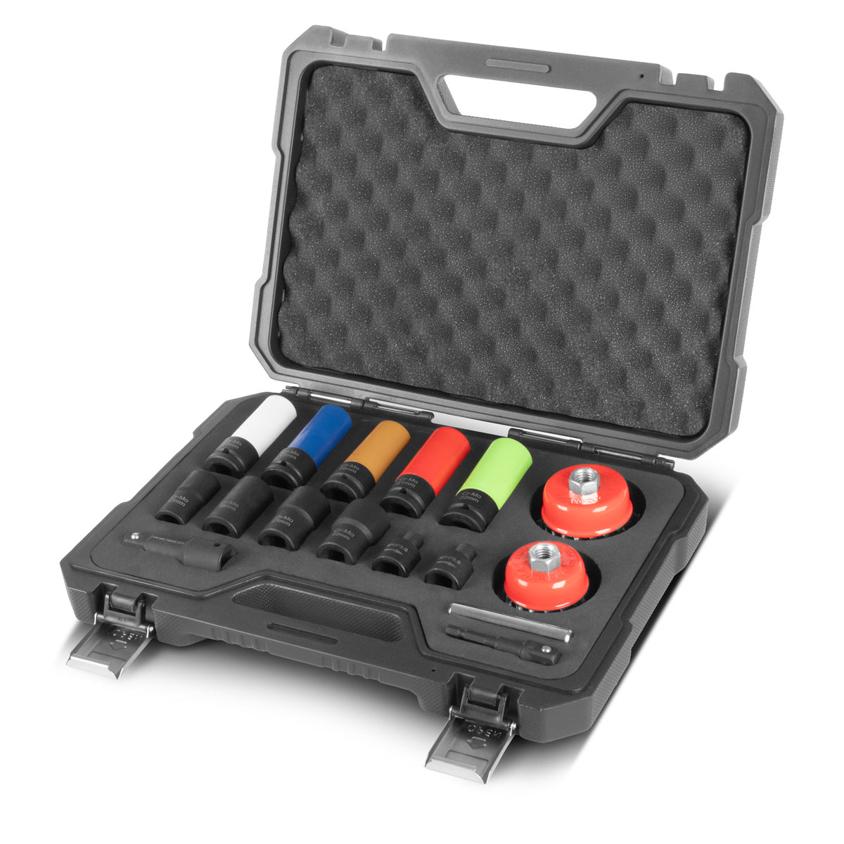 Set de desmontaje y limpieza de bujes de rueda STAHLWERK | 16 piezas | 4 tuercas giratorias | 5 nueces blandas | Entrada 1/2" | 17-22 mm | 2 cepillos copa 65/75 mm con adaptador M14 x 2 | Alargador | Punzón 12 mm