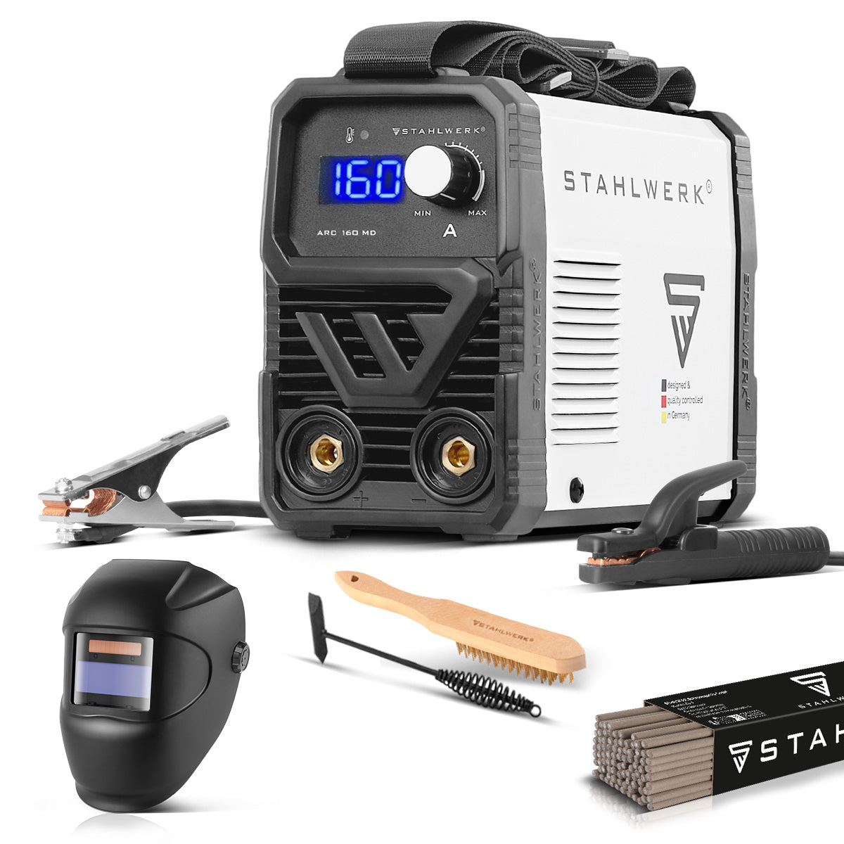 STAHLWERK ARC 160 MD fully equipped electrode welding machine - DC MMA, E-Hand, Lift-TIG Welder | Infinitely adjustable | True 160 Amps | Very compact and light | Hot start, anti-stick, smart cooling | IGBT technology