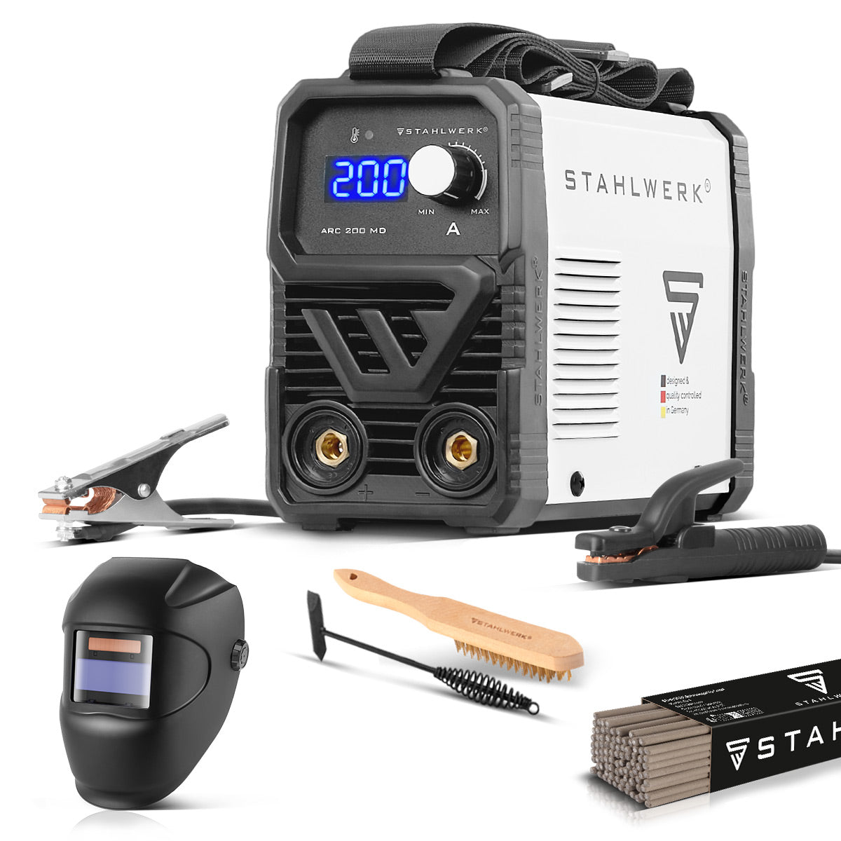 Poste de soudage à électrode STAHLWERK ARC 200 MD avec 200 ampères Entièrement équipé | Casque de soudage | Électrodes | DC MMA/E-Main | Ascenseur TIG | Démarrage à chaud | Refroidissement intelligent | Planche simple | Très compact