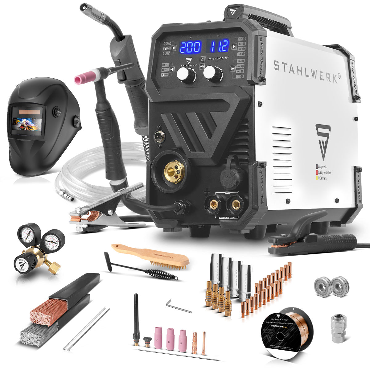 STAHLWERK MTM-200 ST 3-in-1 Schutzgas-Schweißgerät Vollausstattung | 200 A Kombi-Inverter für WIG, MIG/MAG, MMA, FLUX, CuSi3-Löten | HF-Zündung | Synergischer Drahtvorschub | VRD und Hotstart | 2-Takt / 4-Takt Modus