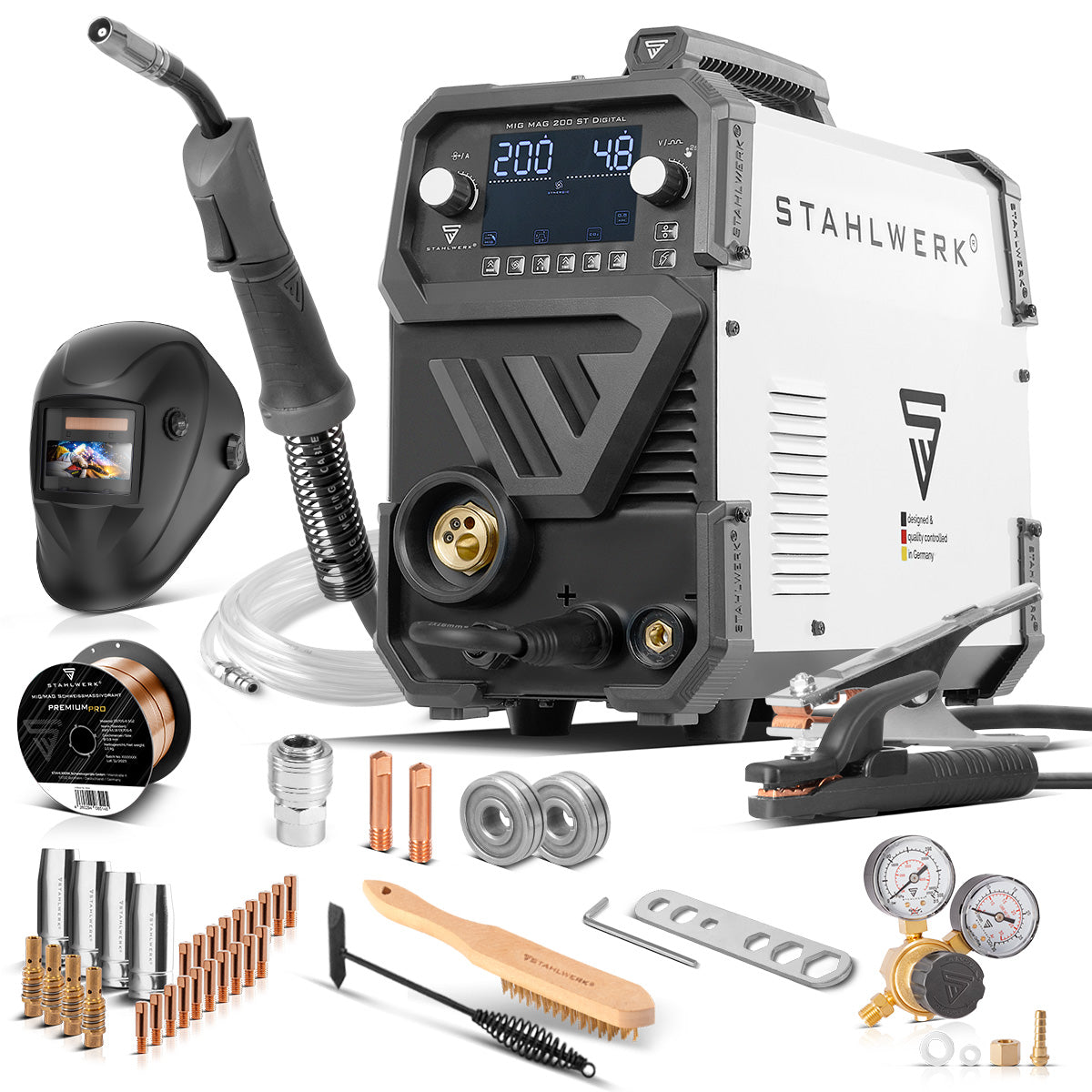 Steelworks welding machine MIG MAG 200 ST Digital Full equipment IGBT protective gas welding device | Inverter with 200 A, spot function, synergic wire feed, Flux and MMA | ARC function