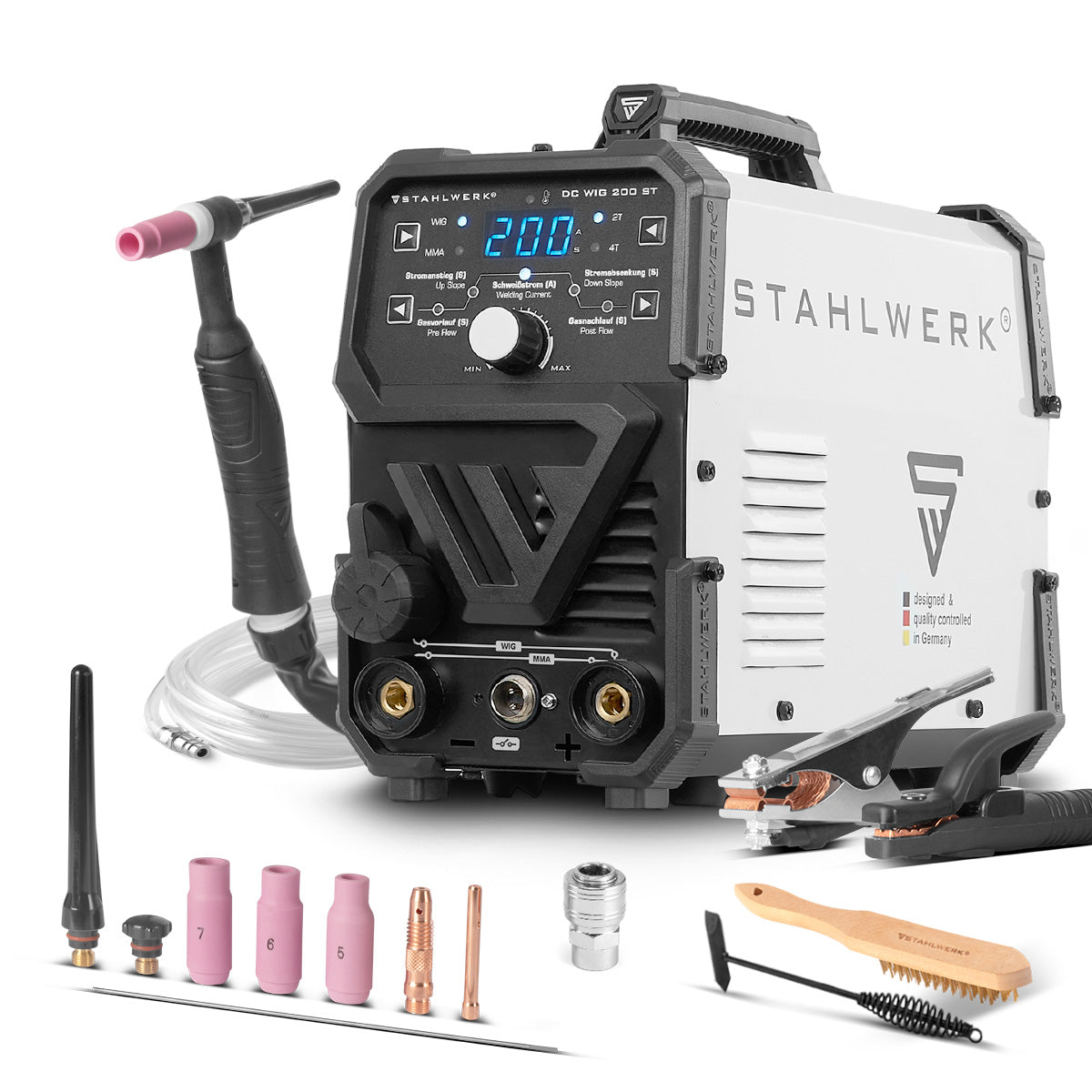 STAHLWERK DC TIG 200 ST | Soudeuse combinée 2 en 1 | TIG-MMA | 200 ampères | Allumage HF, hot start, anti-stick | Pour acier, inox, cuivre, laiton | Ne convient pas à l'aluminium