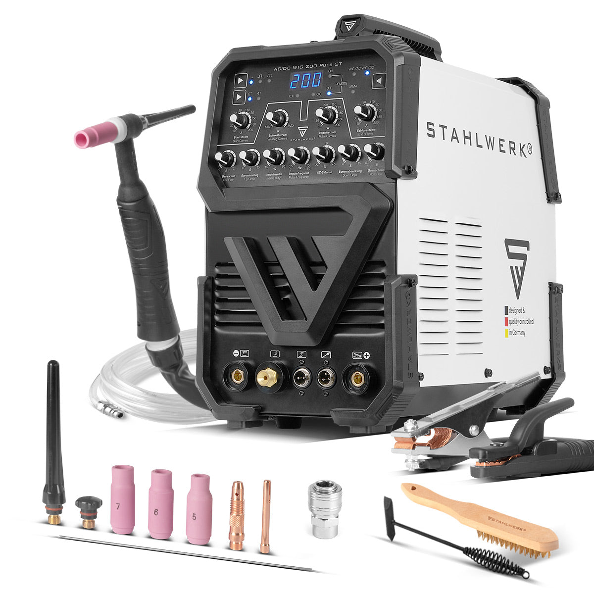 STAHLWERK AC/DC WIG 200 Puls ST | WIG-Schweißgerät mit 200 Ampere | AC/DC WIG und MMA/E-Hand Kombi-Inverter | 2T / 4T-Modus | Dünnblech geeignet | AC-Modus für Aluminium | Hotstart und Anti-Stick