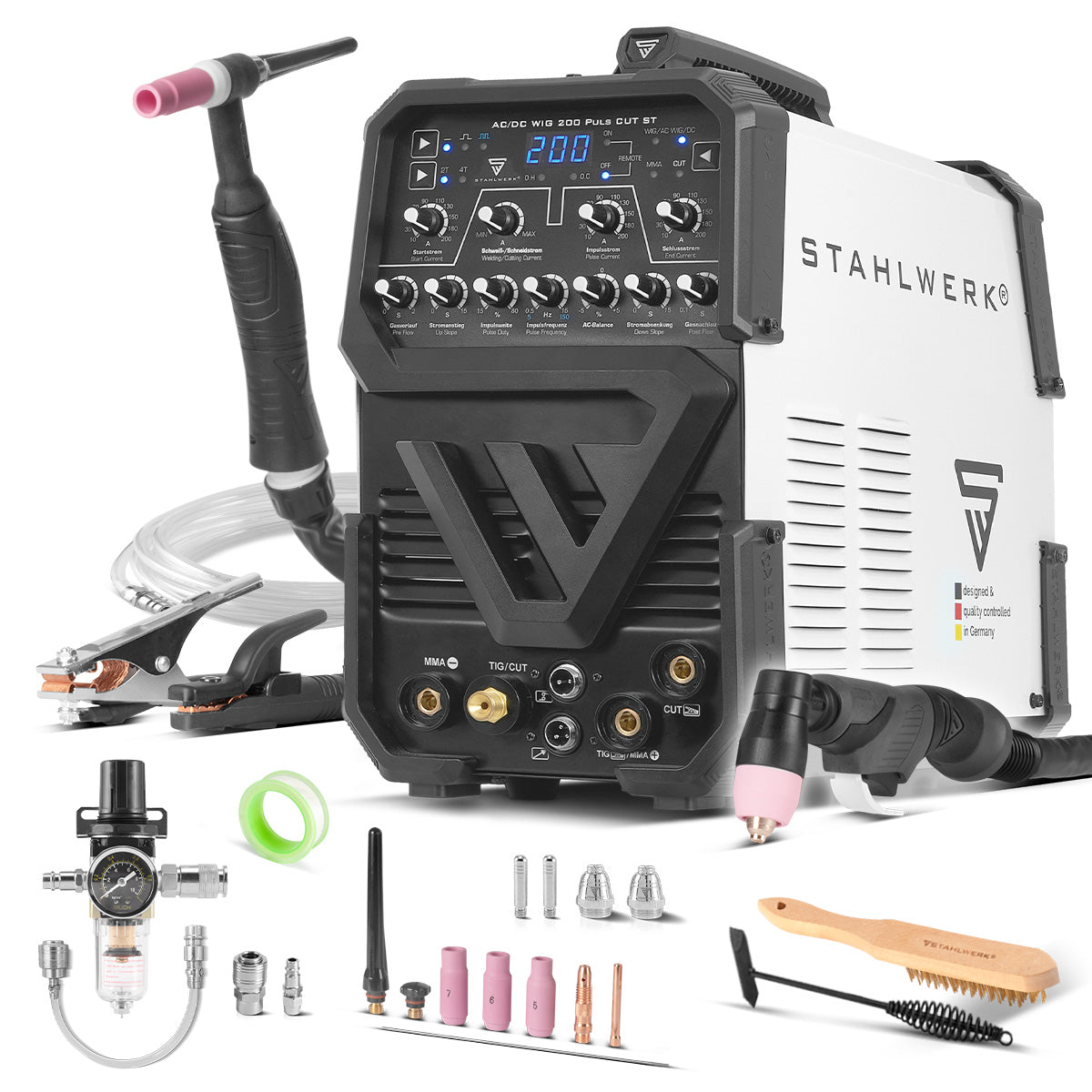 STAHLWERK Schweißgerät AC/DC WIG 200 Puls CUT ST mit 200 A WIG & MMA, Alu & Dünnblech geeignet, Kombigerät mit 45 A CUT-Funktion