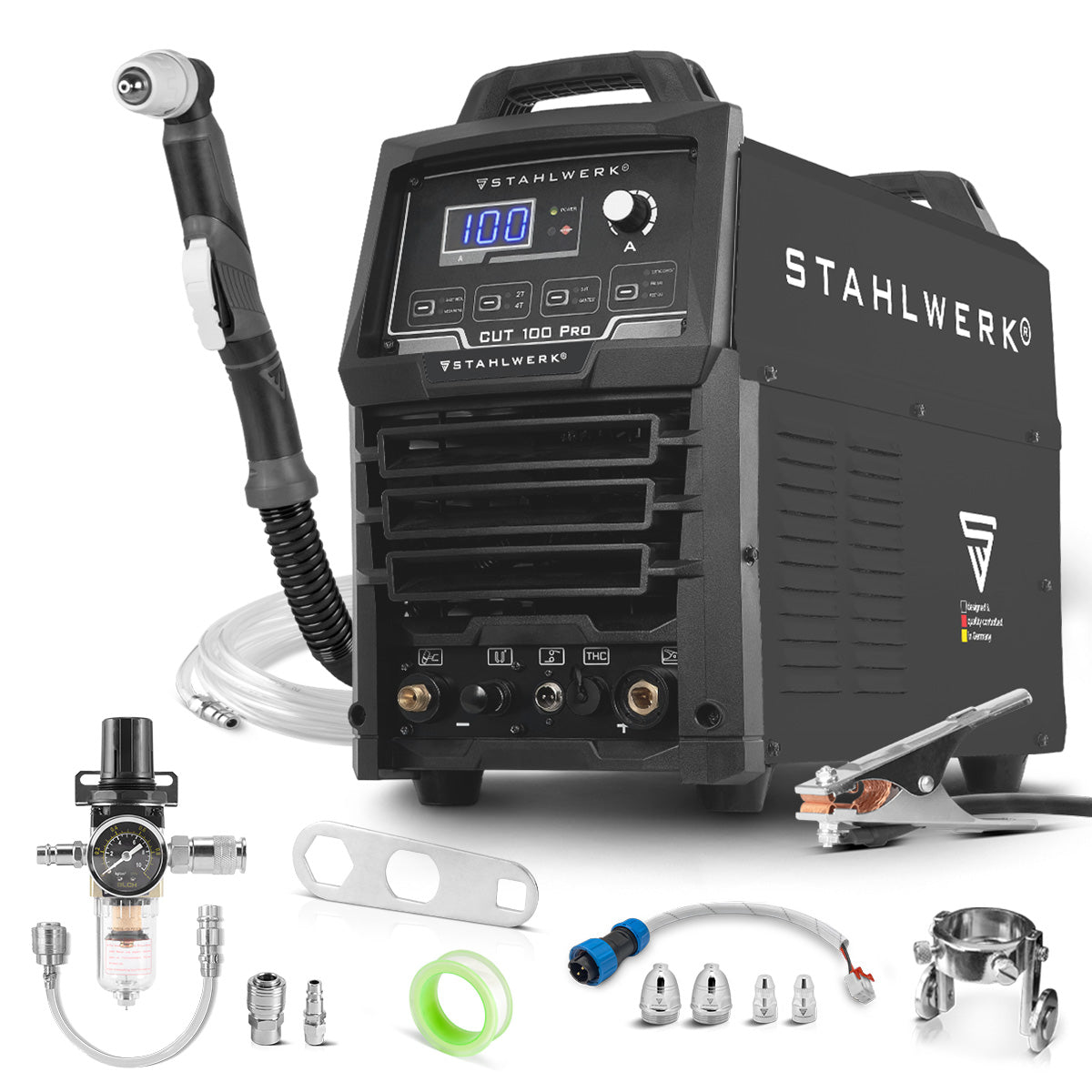 STAHLWERK plasma cutter CUT 100 Pro | 100A Inverter Plasma Cutter | HF pilot ignition | Digital display | THC interface for CNC | Cutting performance up to 44 mm | Plasma cutter with 2T/4T function
