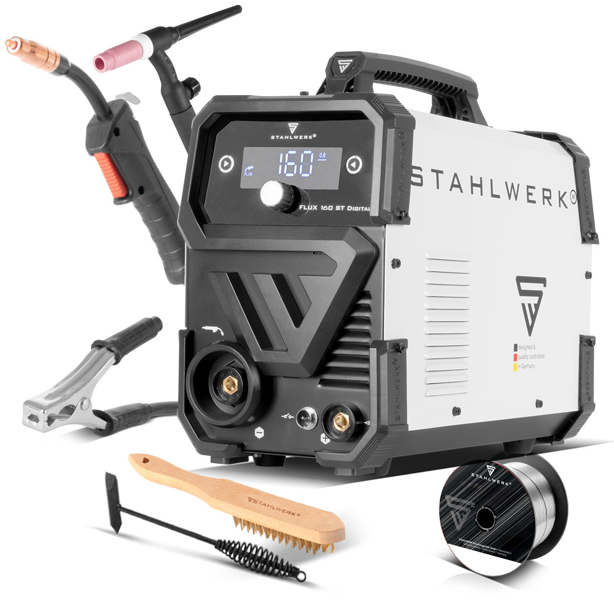 STAHLWERK FLUX 160 ST Digital | Kit de iniciación Lift TIG | Inversor de hilo conductor 3 en 1 160 A | Antorcha Tig de elevación universal WP-17V | Máquina de soldar combinada para FLUX, MMA, Lift-TIG | Soldadura sin gas protector