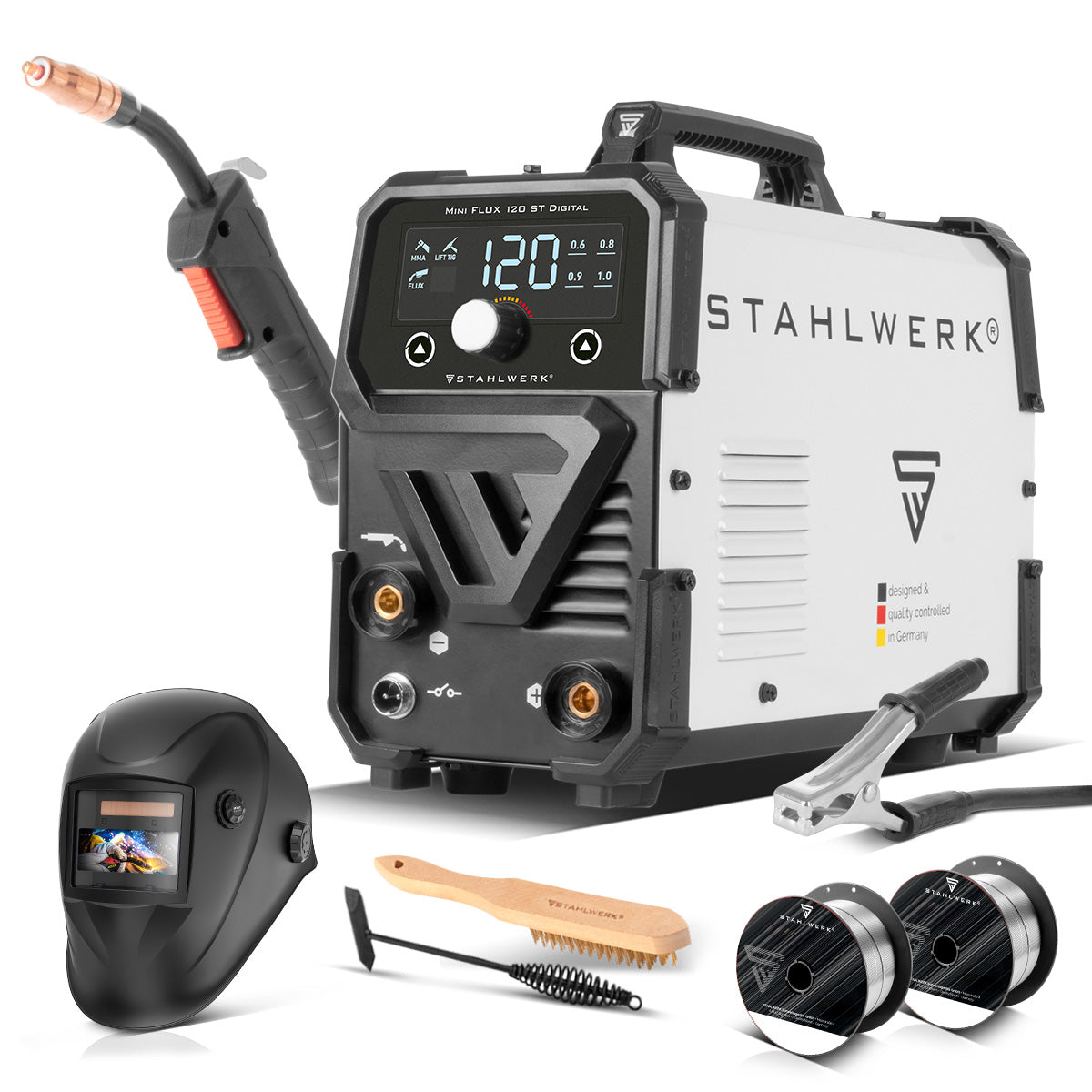 Steelworks welding machine Mini Flux 120 ST Digital with 120 A full equipment, synergic wire feed, lift-tig and ARC/MMA function for welding without protective gas
