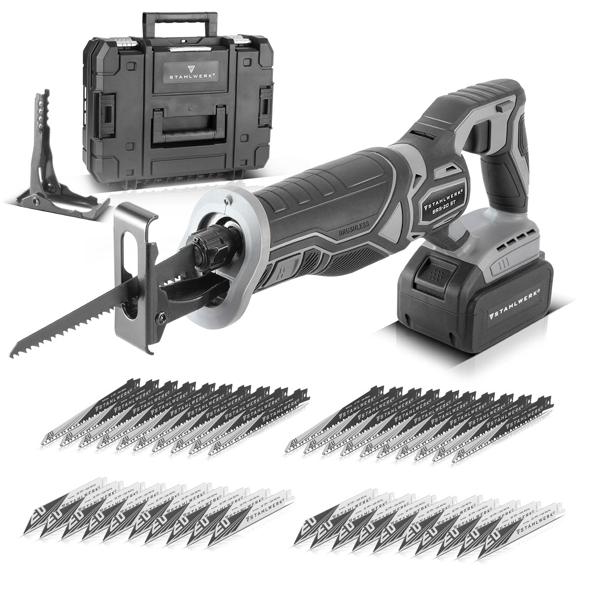 STAHLWERK brushless cordless reciprocating saw BRS-20 ST | 20 volt universal saw | 4 Ah Li-Ion battery | 40 replacement sheets (20 x wood, 20 x metal) | Keyless chuck | Stroke length 28 mm | 0-2,600 rpm