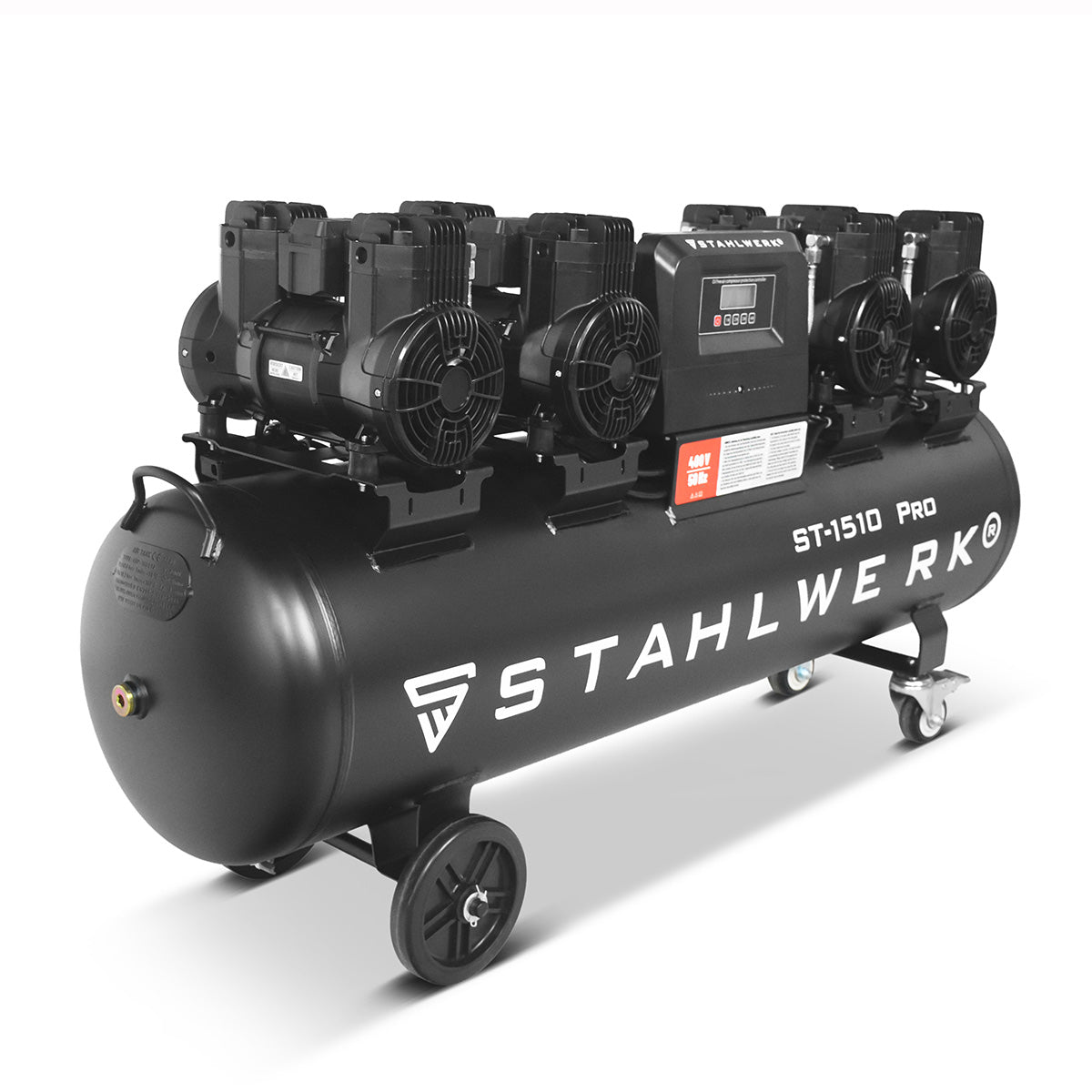 Compressore STAHLWERK ST-1510 Pro con 10 bar | 7,89 cv | 5,80kW| 1000 l/min | Compressore d'aria compressa oil-free con serbatoio da 150 L | Compressore a pistone | Compressore silenzioso | Compressore Whisper con motori brushless