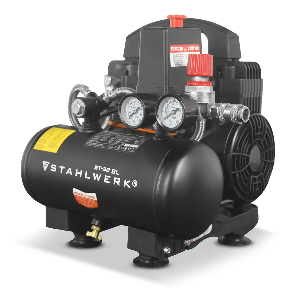 STAHLWERK Kompressor ST-38 BL mit 8 bar | 1,22 PS | 0,90 kW | 170 l/min | 3 L Tank ölfreier Druckluft-Kompressor | Kolben-Kompressor | Silent-Kompressor | Flüster-Kompressor mit Brushless-Motoren