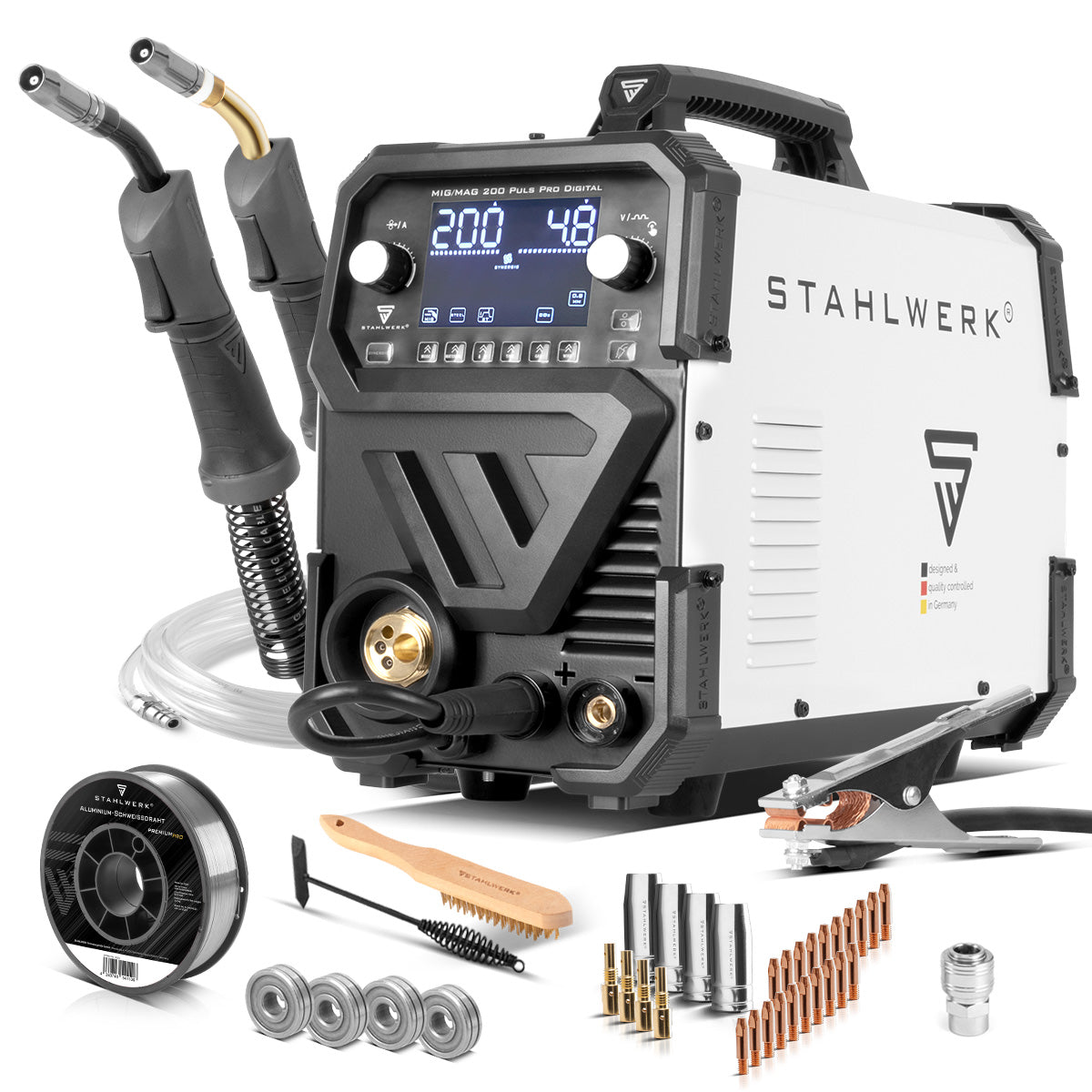STAHLWERK MIG MAG 200 Spot Puls Pro Digital Alu-Set | Schutzgas-Schweißgerät | IGBT Inverter 200 A | Synergischer Drahtvorschub | 4-Rollen-Antrieb, FLUX, Lift-TIG, MMA, CuSi, MIG-Puls für Alu