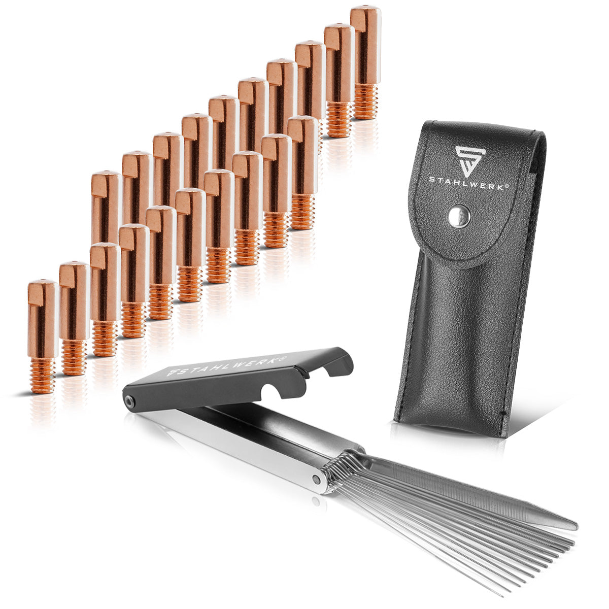 Set punte di contatto STAHLWERK MIG MAG | Set di 20 punte di contatto M6x25 1,0 mm | Pulitore per ugelli 13 in 1 in custodia | Accessori per AK15, MB15, AK14, MB14 | Set di parti di pulizia e usura per torce di saldatura MIG/MAG