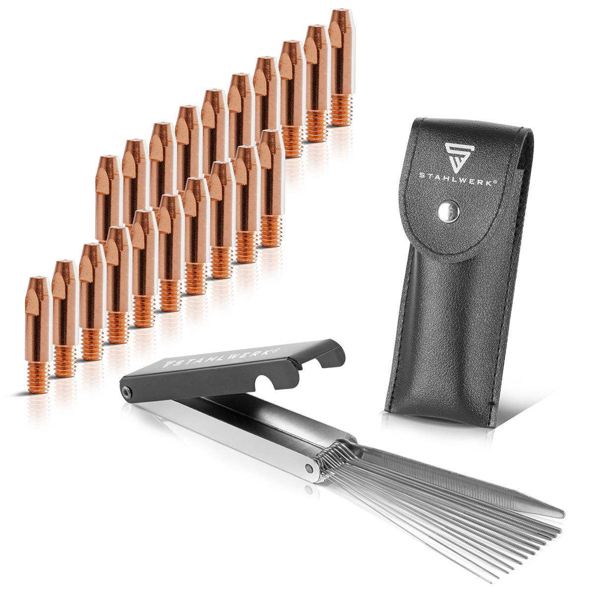 Set punte di contatto STAHLWERK MIG MAG per alluminio | Set di 20 punte di contatto M6x28 1,0 mm | Pulitore per ugelli 13 in 1 in custodia | AK25, MB25, KD24, MB24 | Set di parti di pulizia e usura per torce di saldatura MIG/MAG
