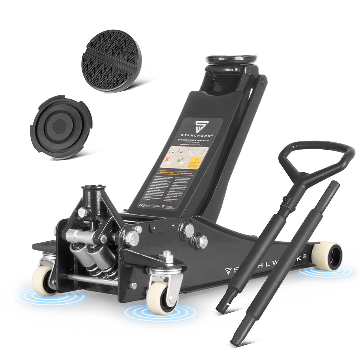 STAHLWERK Wagenheber WHB-73 ST | 3 t Tragkraft | Doppelhubkolben | 73-500 mm Hubhöhe | Extra flacher Rangierwagenheber | Hydraulik-Wagenheber | Schwarzer Autoheber | Weisse Silent-Rollen | 2 Gummipads