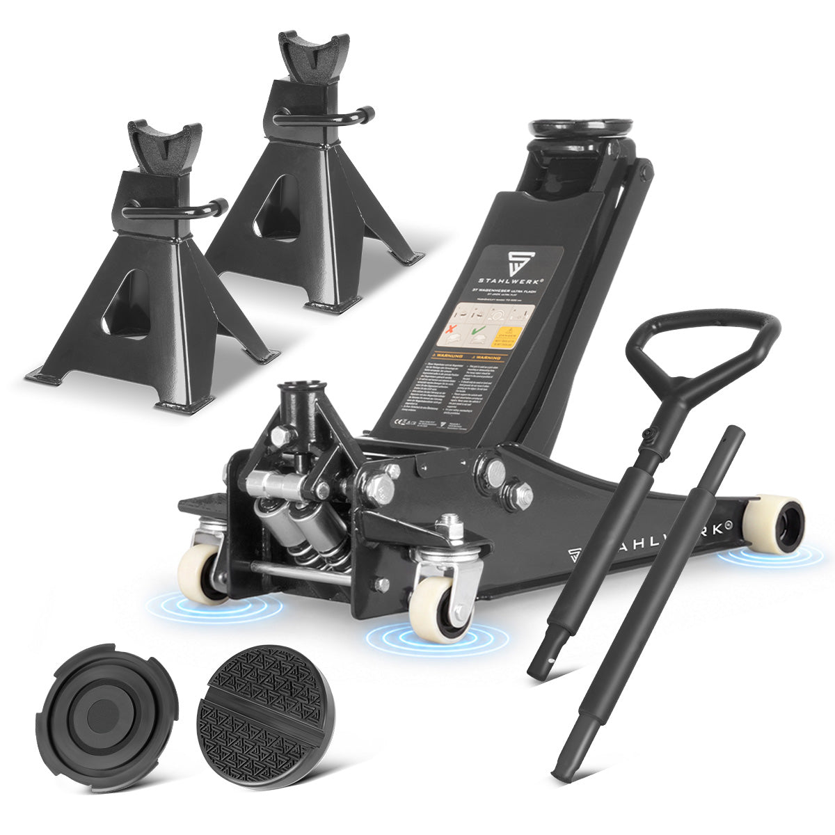 STAHLWERK car jack WHB-73 ST with 3 t load capacity, rubberized silent rollers, double lifting piston and 73-500 mm lifting range | Extra flat trolley jack | Hydraulic car jack | Black car jack