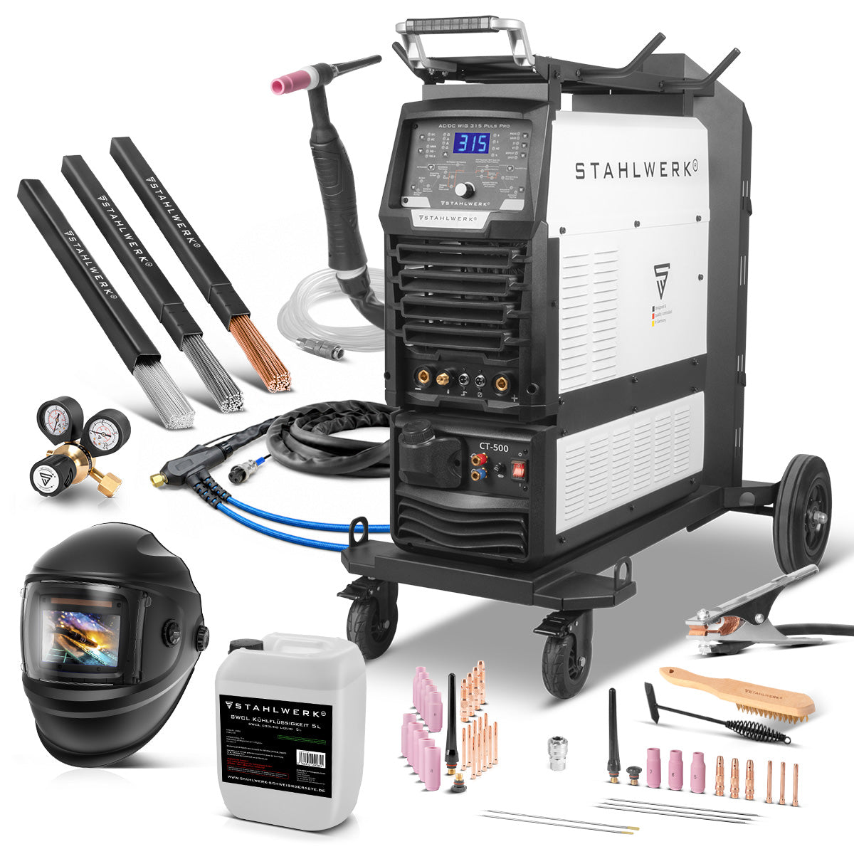 STAHLWERK Schweißgerät AC/DC WIG 315 Puls Pro Vollausstattung – wassergekühltes 315 A Industrieschweißgerät mit 1,6 kW Wasserkühlung, AC/DC Puls, MMA/E-Hand, Spot, HF- und Lift-TIG-Zündung, digitales Display, 400 V