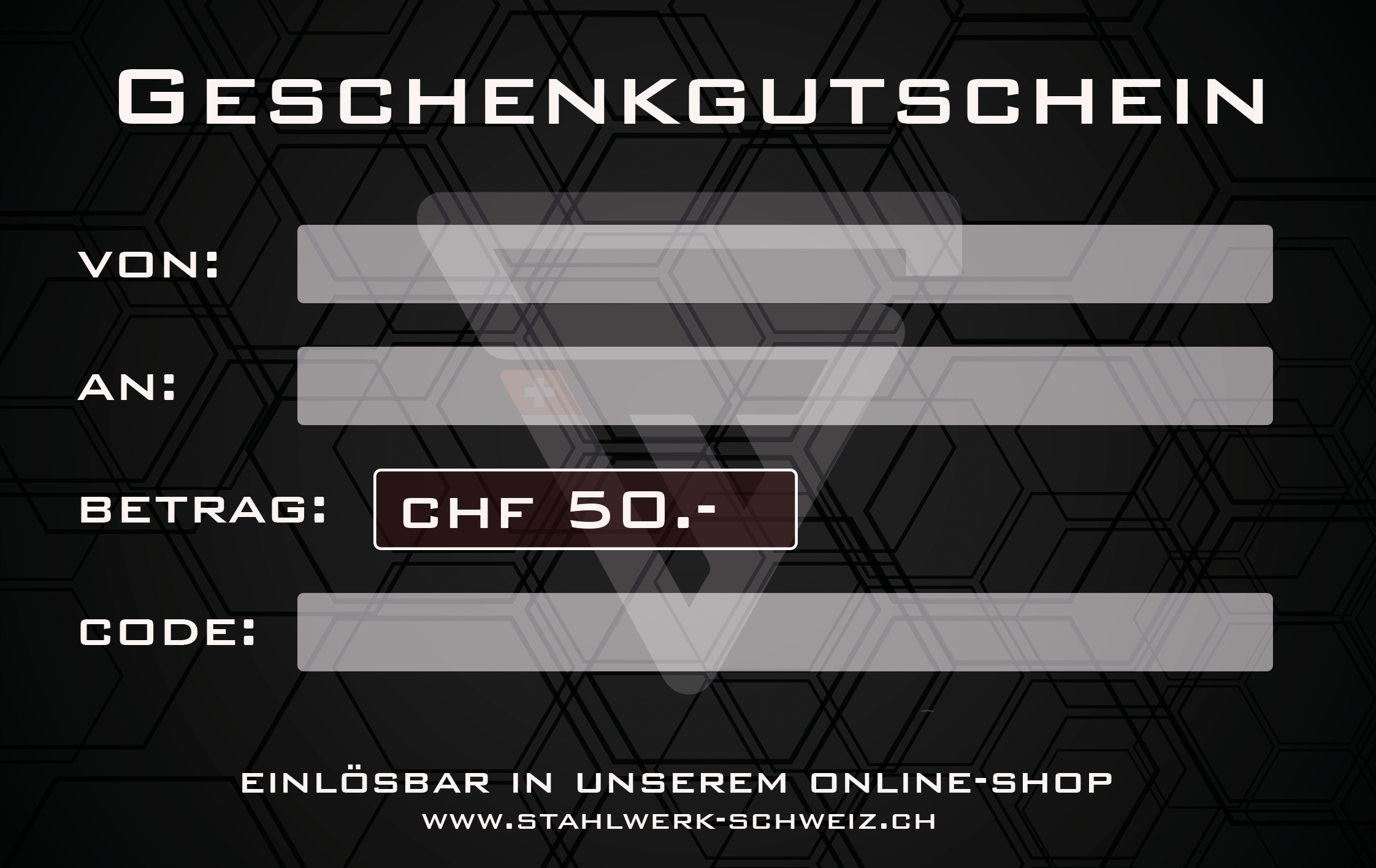 STAHLWERK SCHWEIZ Voucher to print out IMMEDIATELY 25 CHF / 50 CHF / 100 CHF / 150 CHF / 200 CHF / 250 CHF or individual amount