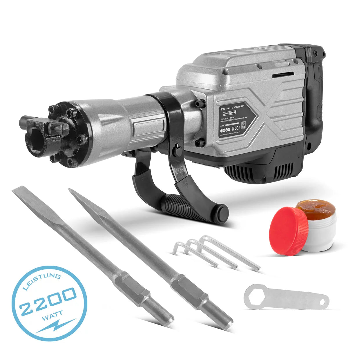 Hammer di demolizione in acciaio AH-2200 ST con 2.200 W di potenza, 2.100 colpi al minuto e 65 J Clipper Stemhammer | Meißelhammer | Schlager | Bohrhammer | Martello da demolizione con scalpello appuntito e piatto