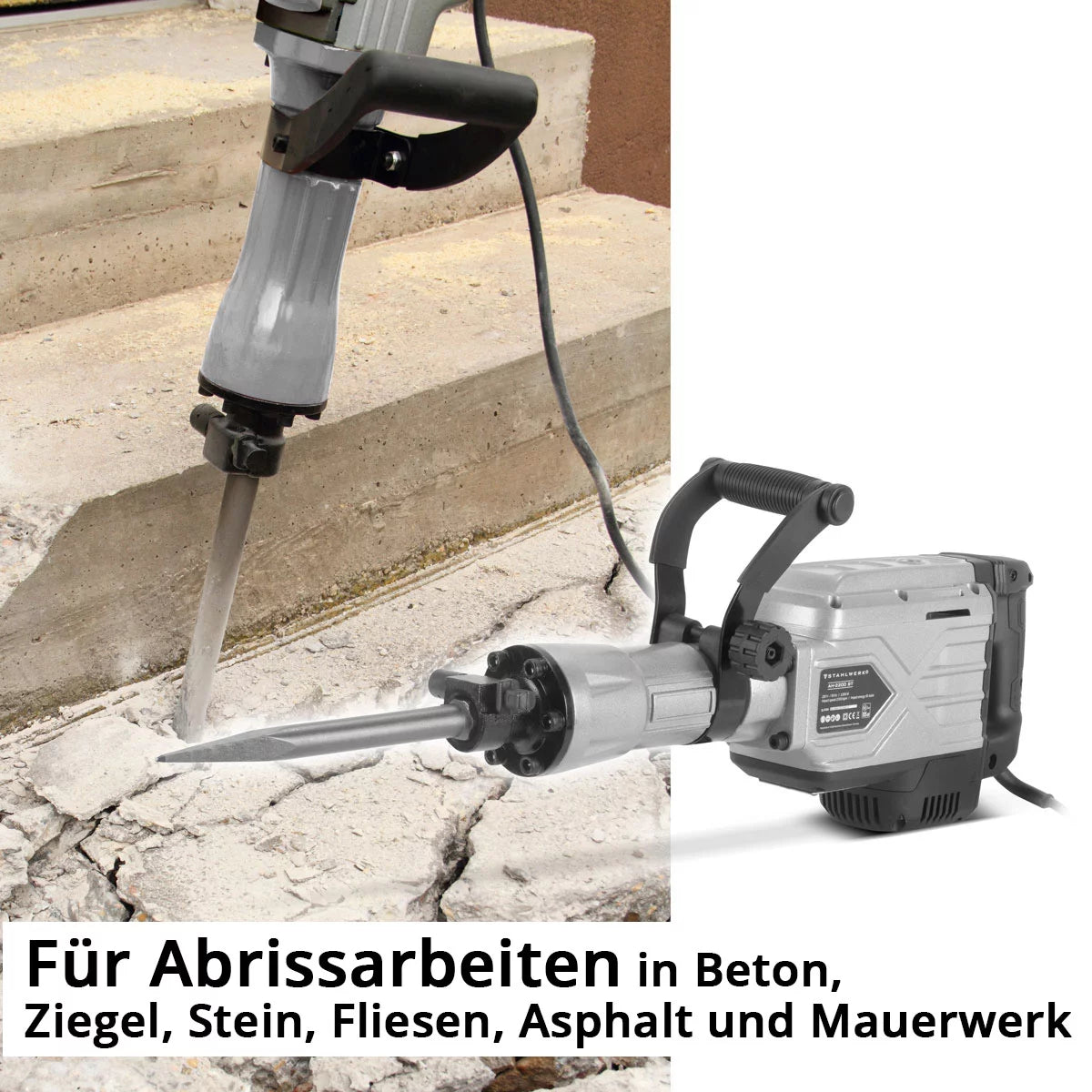 Hammer di demolizione in acciaio AH-2200 ST con 2.200 W di potenza, 2.100 colpi al minuto e 65 J Clipper Stemhammer | Meißelhammer | Schlager | Bohrhammer | Martello da demolizione con scalpello appuntito e piatto