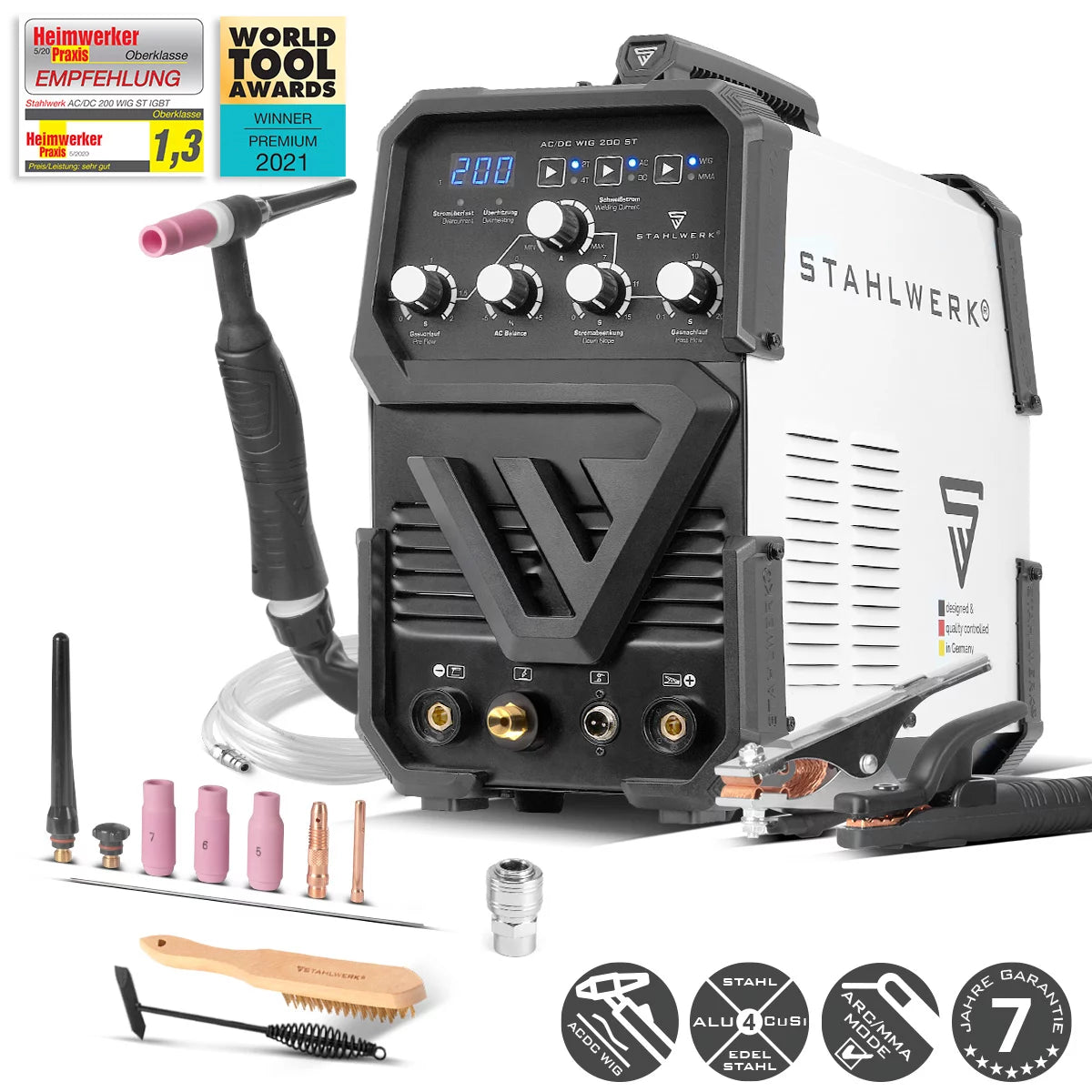 STAHLWERK AC/DC WIG 200 ST | WIG-Schweißgerät mit 200 A | Kombi-Inverter AC/DC WIG und MMA/E-Hand | HF-Zündung | Hotstart und Anti-Stick | 2T und 4T-Modus | AC WIG-Schweißen für Aluminium