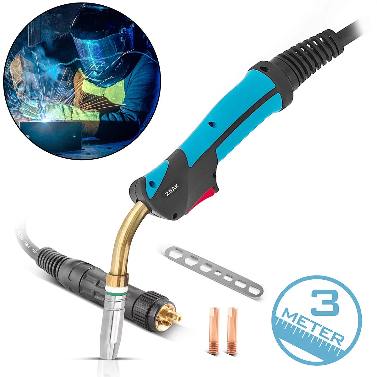STAHLWERK AK25 welding torch including 3 meter hose package | Professional welding accessories for MIG/MAG inert gas welding machines with Euro central connection Gas cooled MIG/MAG welding gun 180 amp