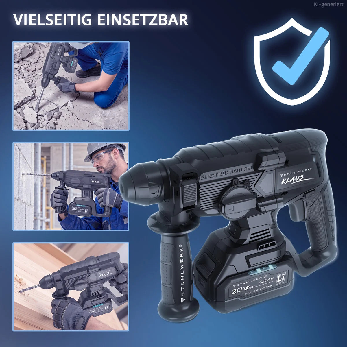 STAHLWERK Akku-Bohrhammer KLAUS | 20 Volt-System | Bohren, Schlagbohren und Meißeln | Bohrer | Bohrmaschine für Beton und Zement | 24 mm Bohrdurchmesser | Brushless | SDS