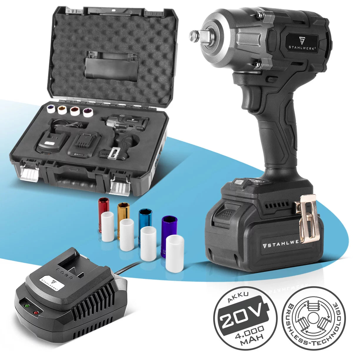STAHLWERK Akku-Drehschlagschrauber ADS-880 ST | 20 Volt-System | Brushless-Technologie | Akku-Schlagschrauber mit 880 Nm | ½“ Zoll Aufnahme | Inklusive 4 Schonnüsse 17-22 mm | Akku und Ladegerät