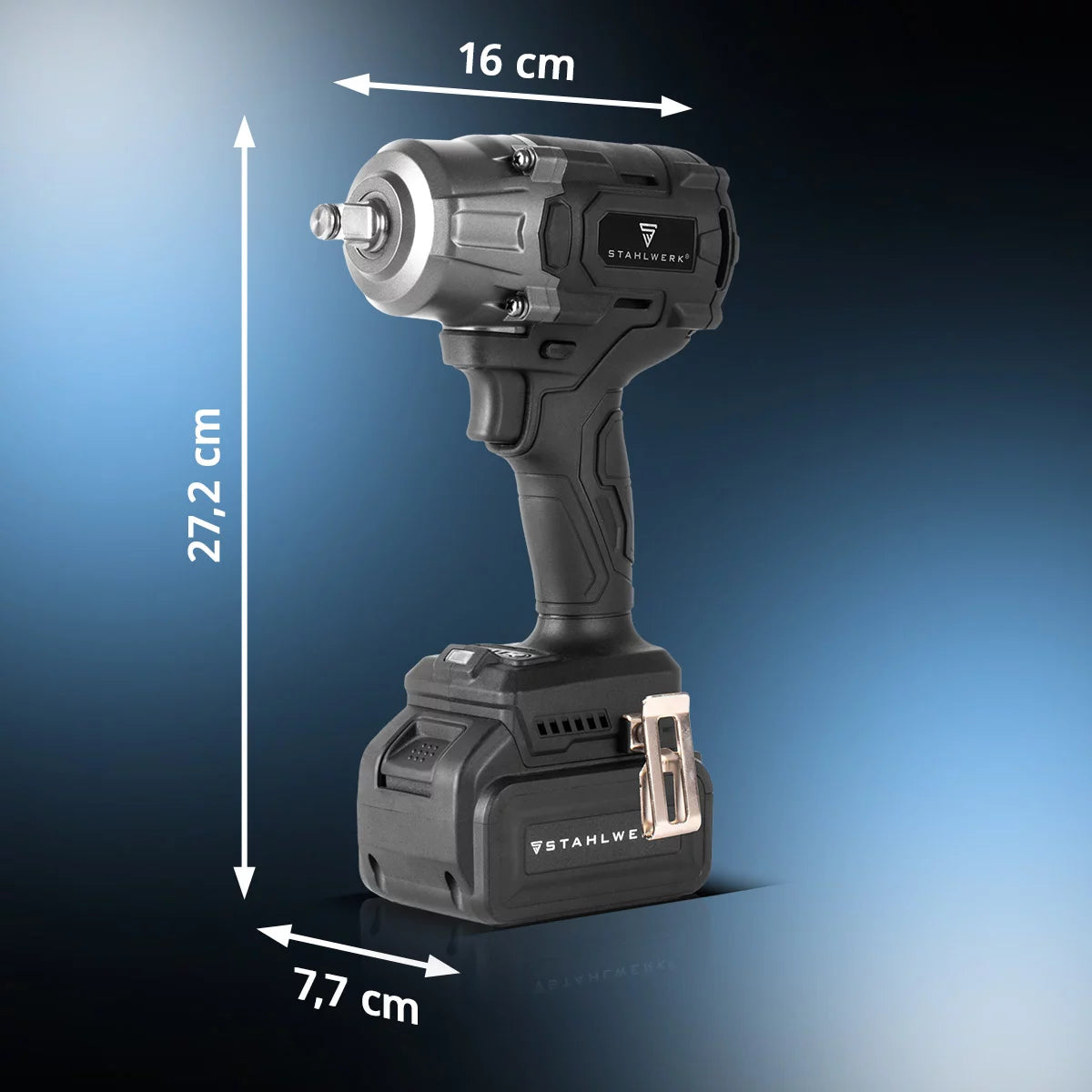 Clé à chocs rotative sans fil STAHLWERK ADS-880 ST | Système 20 volts | Technologie sans balais | Clé à chocs sans fil avec 880 Nm | Support ½" pouces | Comprend 4 douilles de protection 17-22 mm | Batterie et chargeur