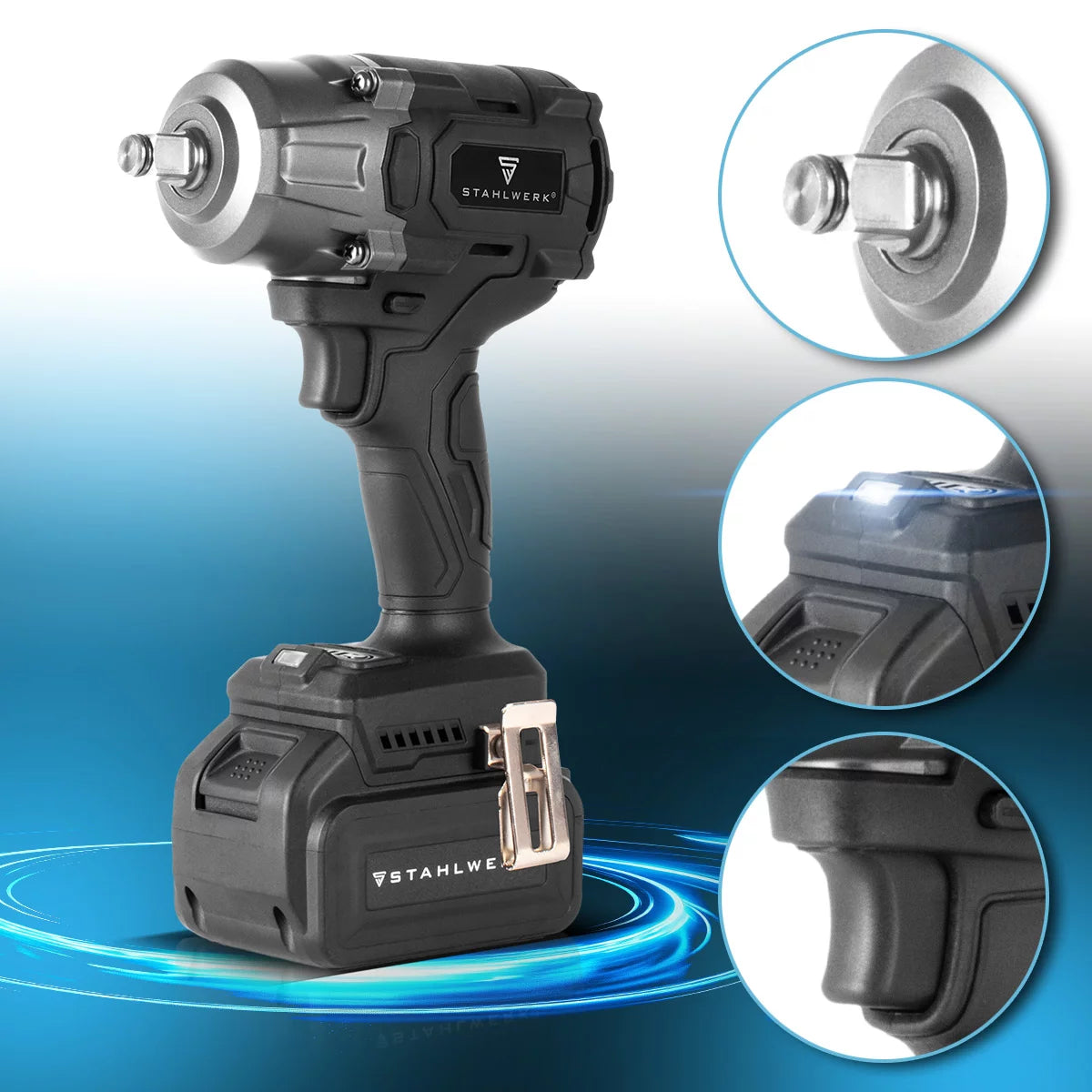 Clé à chocs rotative sans fil STAHLWERK ADS-880 ST | Système 20 volts | Technologie sans balais | Clé à chocs sans fil avec 880 Nm | Support ½" pouces | Comprend 4 douilles de protection 17-22 mm | Batterie et chargeur