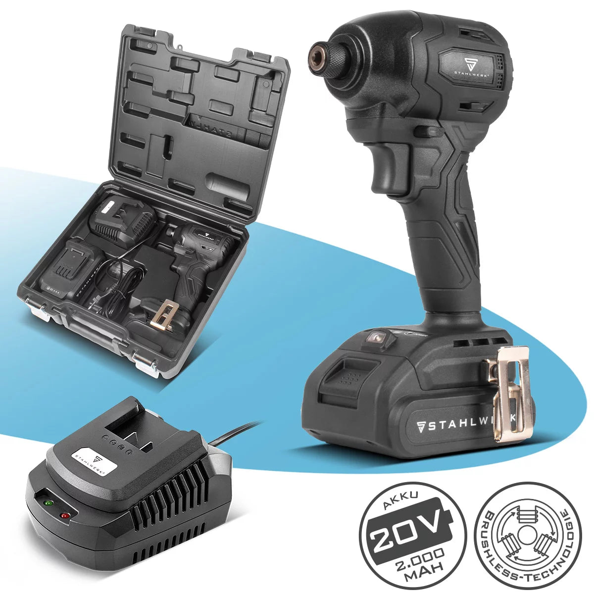 STAHLWERK Akku-Schlagschrauber ADS-190 ST | 20 Volt-System | Akkuschrauber mit Brushless-Technologie | Drehschlagschrauber 190 Nm | Inklusive Akku und Ladegerät | 1/4" Hex-Bithalter