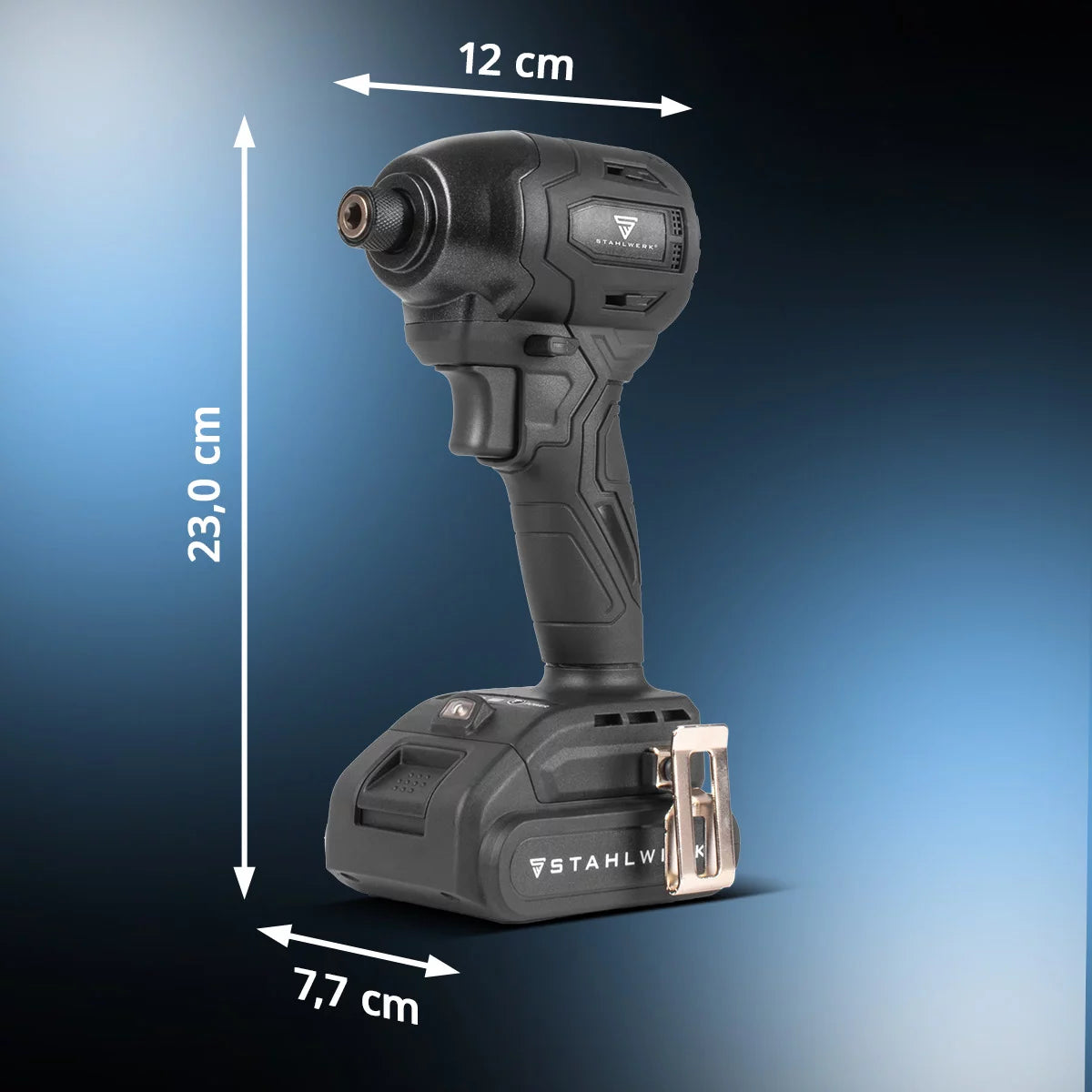 Llave de impacto a batería STAHLWERK ADS-190 ST | sistema de 20 voltios | Destornillador inalámbrico con tecnología sin escobillas | Llave de impacto rotativa 190 Nm | Incluye batería y cargador | Portapuntas hexagonal de 1/4"