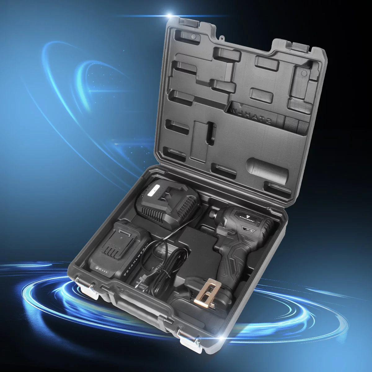 Llave de impacto a batería STAHLWERK ADS-190 ST | sistema de 20 voltios | Destornillador inalámbrico con tecnología sin escobillas | Llave de impacto rotativa 190 Nm | Incluye batería y cargador | Portapuntas hexagonal de 1/4"