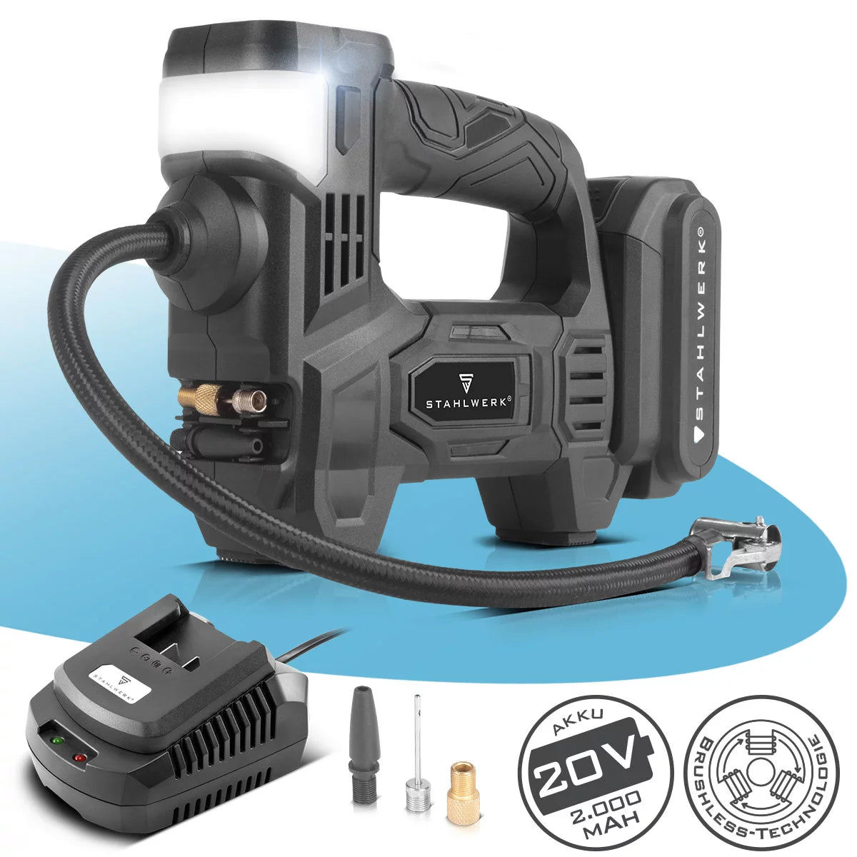 Compresor de aire inalámbrico STAHLWERK ADK-20 ST | 72 vatios de potencia y batería de 2 Ah | Mini compresor para inflar neumáticos y pelotas | Bomba de aire eléctrica con pantalla digital e iluminación | compresor de aire