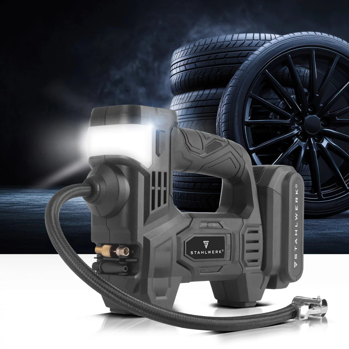Compresseur d'air sans fil STAHLWERK ADK-20 ST | 72 watts de puissance et batterie 2 Ah | Mini compresseur pour gonfler pneus, ballons | Pompe à air électrique avec affichage numérique et éclairage | Compresseur d'air