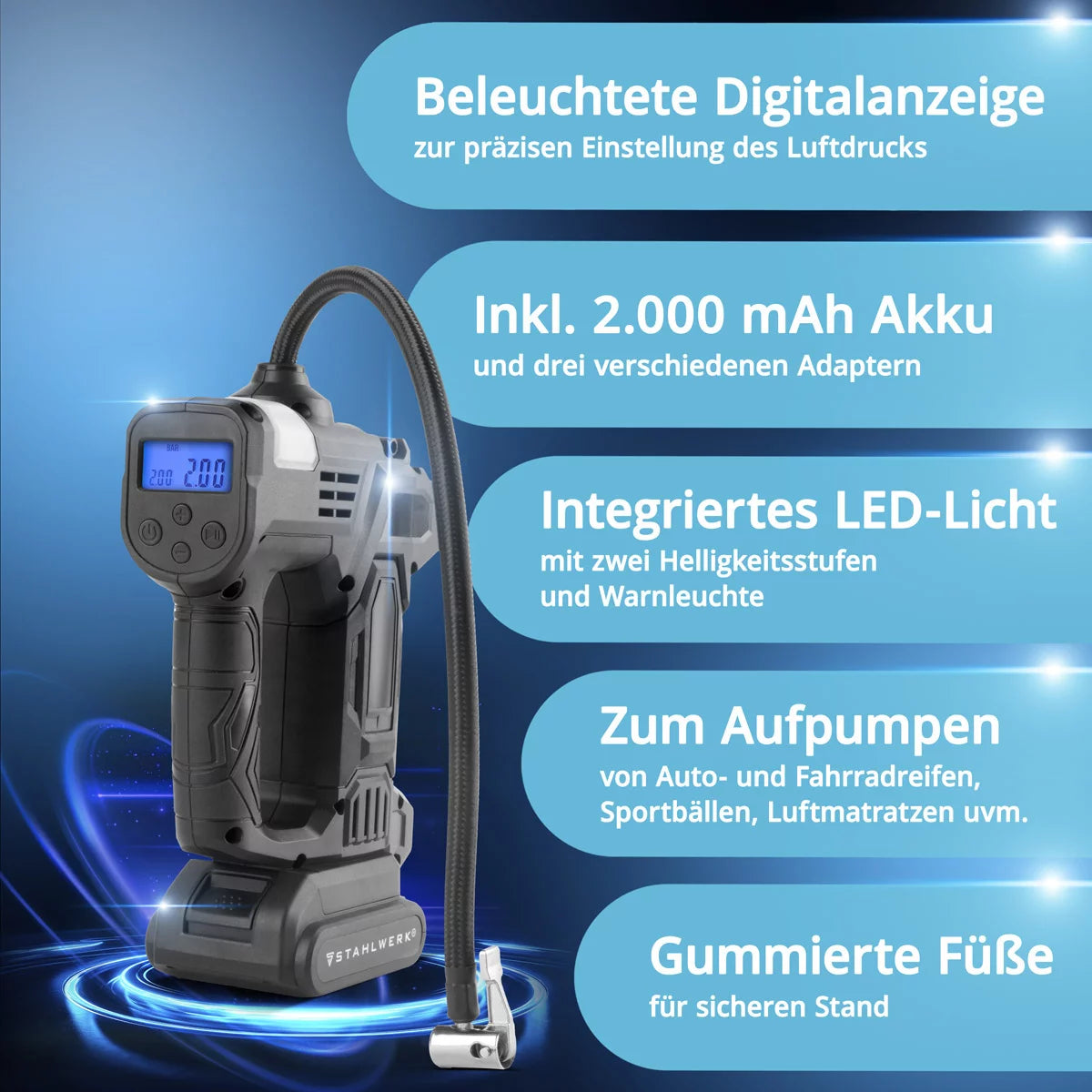 Compresor de aire inalámbrico STAHLWERK ADK-20 ST | 72 vatios de potencia y batería de 2 Ah | Mini compresor para inflar neumáticos y pelotas | Bomba de aire eléctrica con pantalla digital e iluminación | compresor de aire