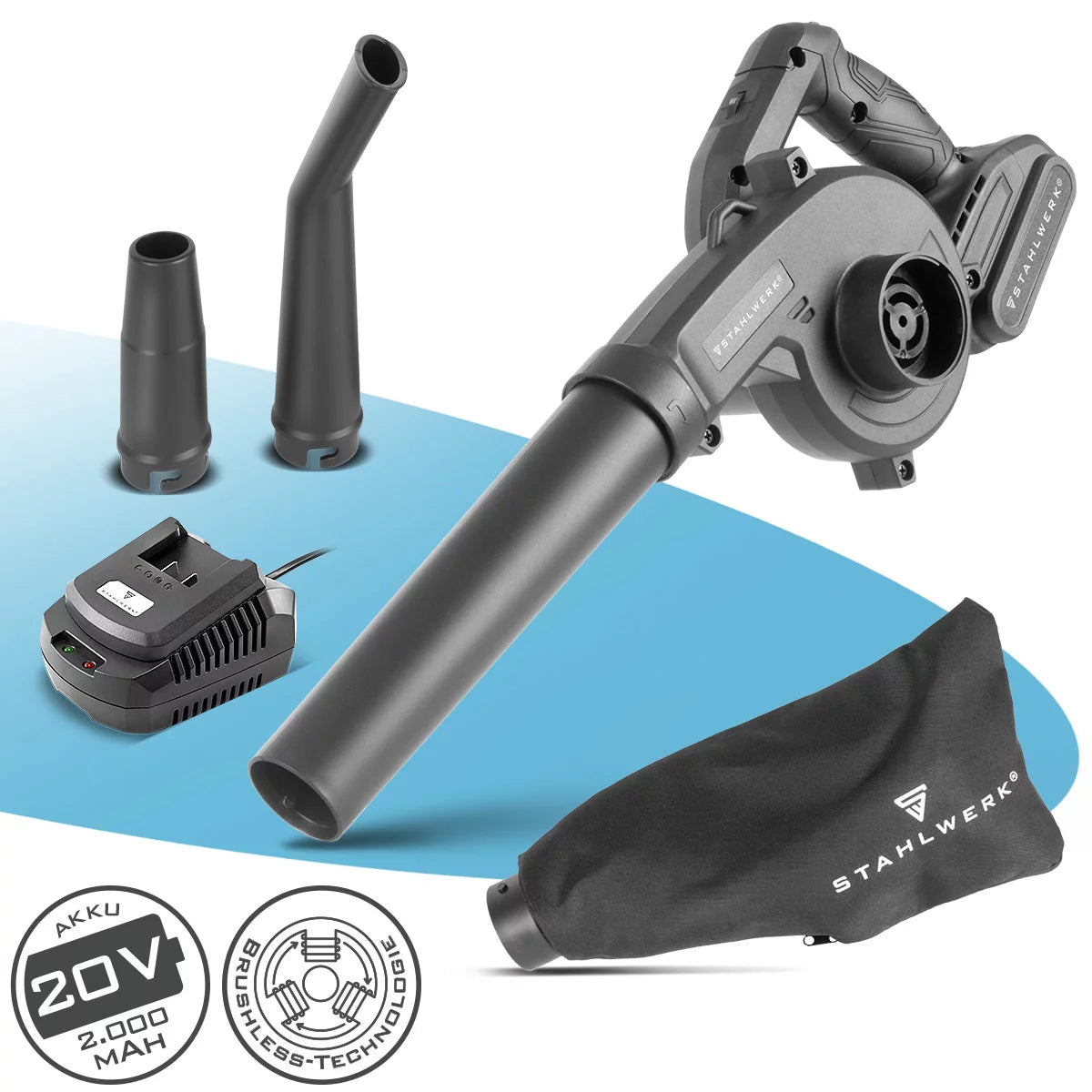 Mini soplador de batería STAHLWERK MAG-20 ST | Soplador de hojas inalámbrico de 20 voltios con 2Ah | Soplador universal portátil para limpieza de jardines y calles | Aspirador de hojas sin escobillas Soplador compacto 98 m/s | 0 - 18.000 rpm