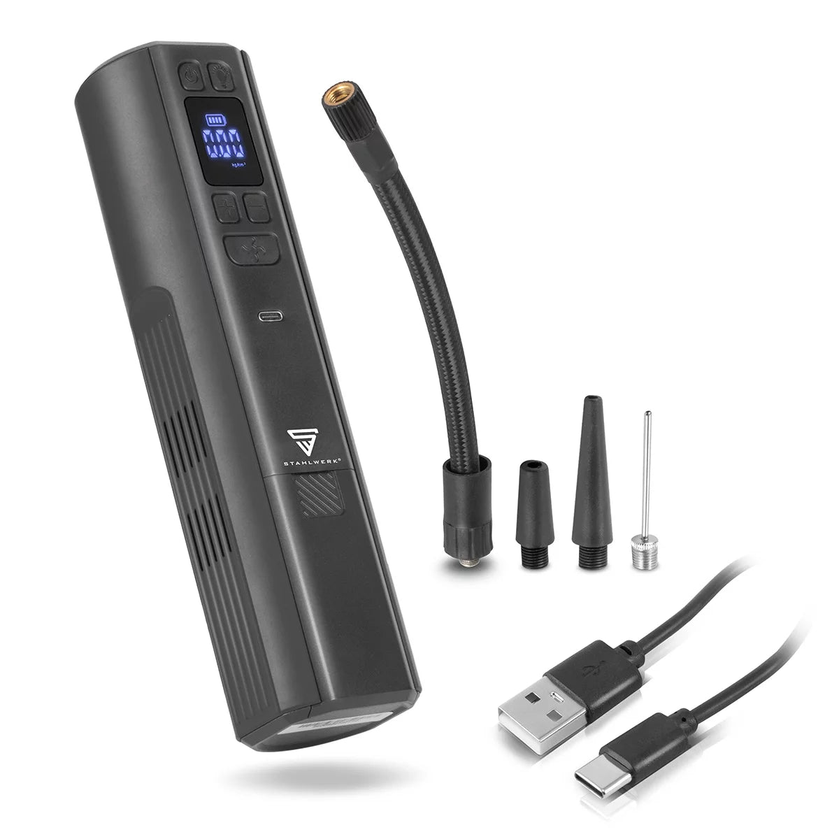 STAHLWERK Akku-Kompressor HF-800 ST | Reifenkompressor mit 4.000 mAh Lithium-Akku | 80 W Leistung, max. 4,2 bar | Digitaldisplay mit psi/bar/kg/cm² | Automatik-Abschaltung | LED-Arbeitslicht