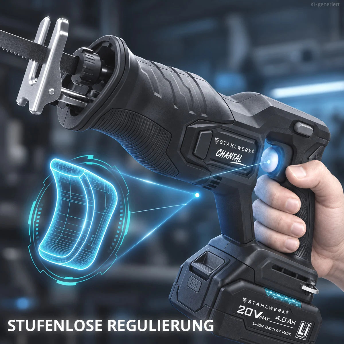 STAHLWERK Akku-Säbelsäge CHANTAL | 20 Volt-System | 2.800 U/min | 25,4 mm Hub | Reciprosäge für Holz, Metall, Kunststoff und Gipskarton | Brushless