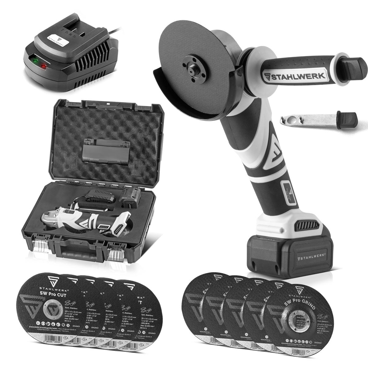 STAHLWERK Brushless Akku Winkelschleifer AWS-20 Bürstenlos 20 V/4Ah Akku System, 0 - 7500 min-1, Scheibengrößen 115 mm & 125 mm, inklusive 1 x 4 Ah Akku und Ladegerät