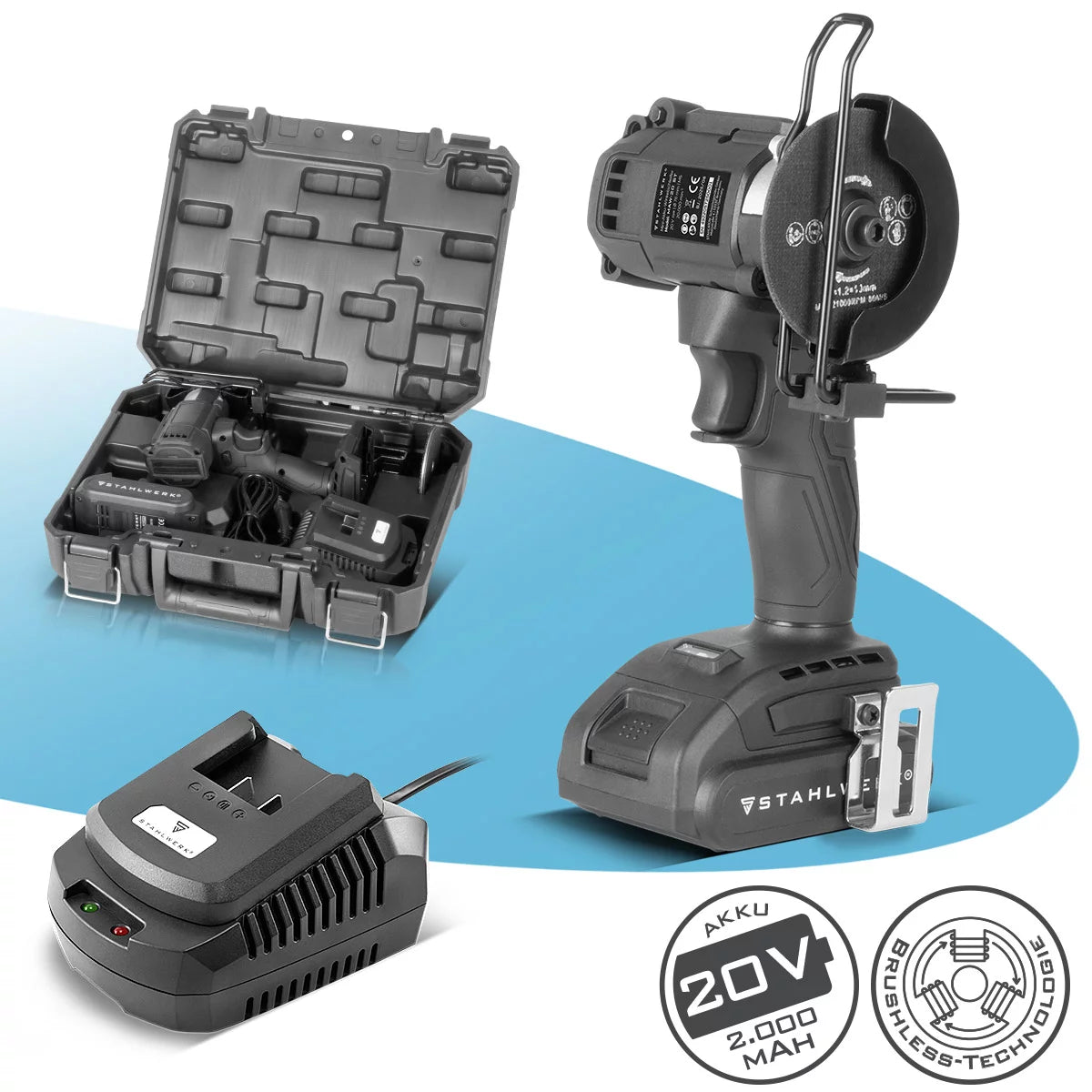 STAHLWERK Mini-Akku-Winkelschleifer MAW-20 ST mit 2000 mAh Akku | Handwinkelschleifer zum Schneiden von Metall, Fliesen und Holz | Elektrische Minisäge mit Brushless-Technologie