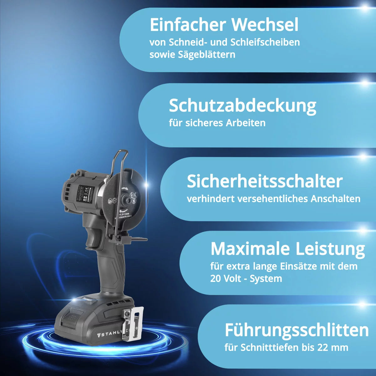 STAHLWERK Mini-Akku-Winkelschleifer MAW-20 ST mit 2000 mAh Akku | Handwinkelschleifer zum Schneiden von Metall, Fliesen und Holz | Elektrische Minisäge mit Brushless-Technologie