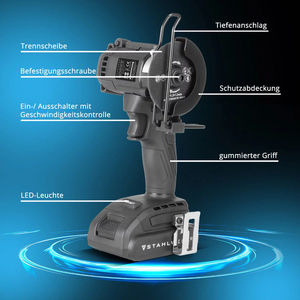 STAHLWERK Mini-Akku-Winkelschleifer MAW-20 ST mit 2000 mAh Akku | Handwinkelschleifer zum Schneiden von Metall, Fliesen und Holz | Elektrische Minisäge mit Brushless-Technologie