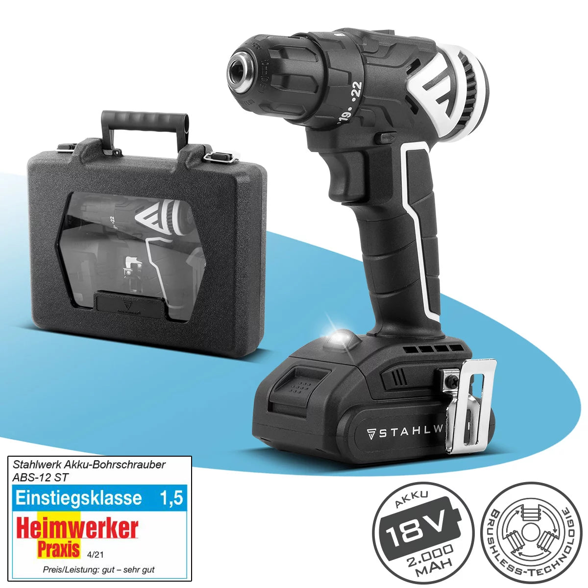 STAHLWERK Akkuschrauber ABS-18 ST mit 18 Volt und Brushless-Technologie, Akku Bohrschrauber | Akku Bohrer | Bohrmaschine | Akku Werkzeug Set inklusive Akku, Aufladegerät und Transportkoffer
