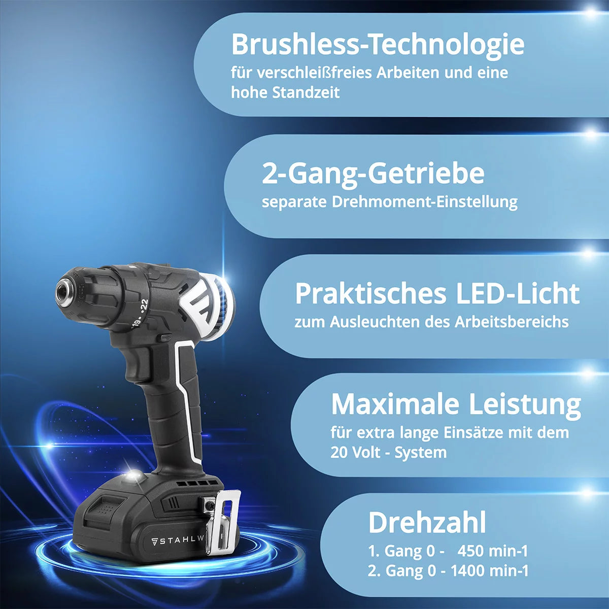STAHLWERK Akkuschrauber ABS-18 ST mit 18 Volt und Brushless-Technologie, Akku Bohrschrauber | Akku Bohrer | Bohrmaschine | Akku Werkzeug Set inklusive Akku, Aufladegerät und Transportkoffer