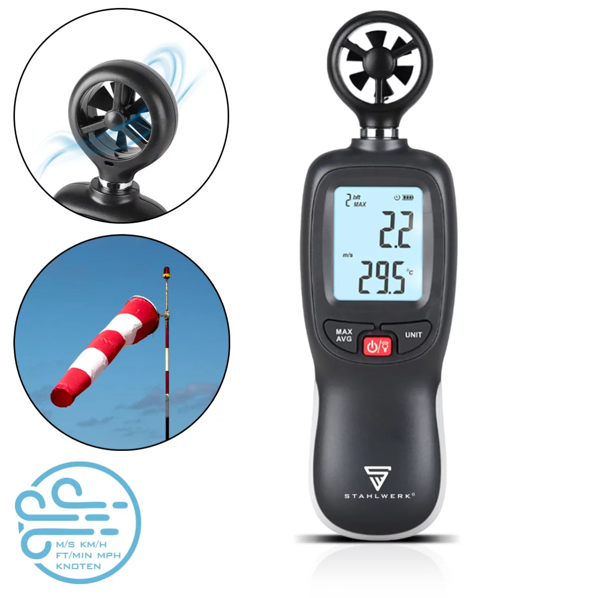 Anémomètre STAHLWERK | Compteur de vitesse de l'air compact 30 m/s | Appareil de mesure du vent | Débitmètre d'air | Mesure précise des données de vitesse du vent | Jauge numérique de température de l'air avec écran LCD