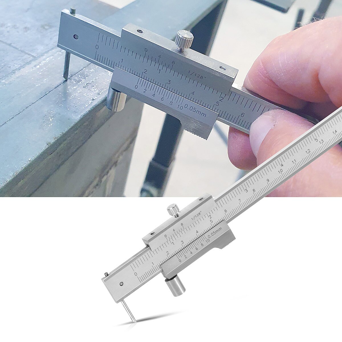 STAHLWERK Anreiß-Messschieber | Messlehre | Schieblehre 0-200 mm | 8 Inch mit Nonius und Anschlagrolle nach DIN 862 für Präzisionsmessungen