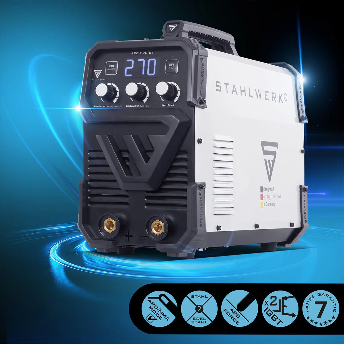 STAHLWERK ARC 270 ST Poste à souder IGBT entièrement équipé Soudeur DC MMA / E-hand, fonction lift-TIG avec 270 ampères réels, très compact, 400V, blanc