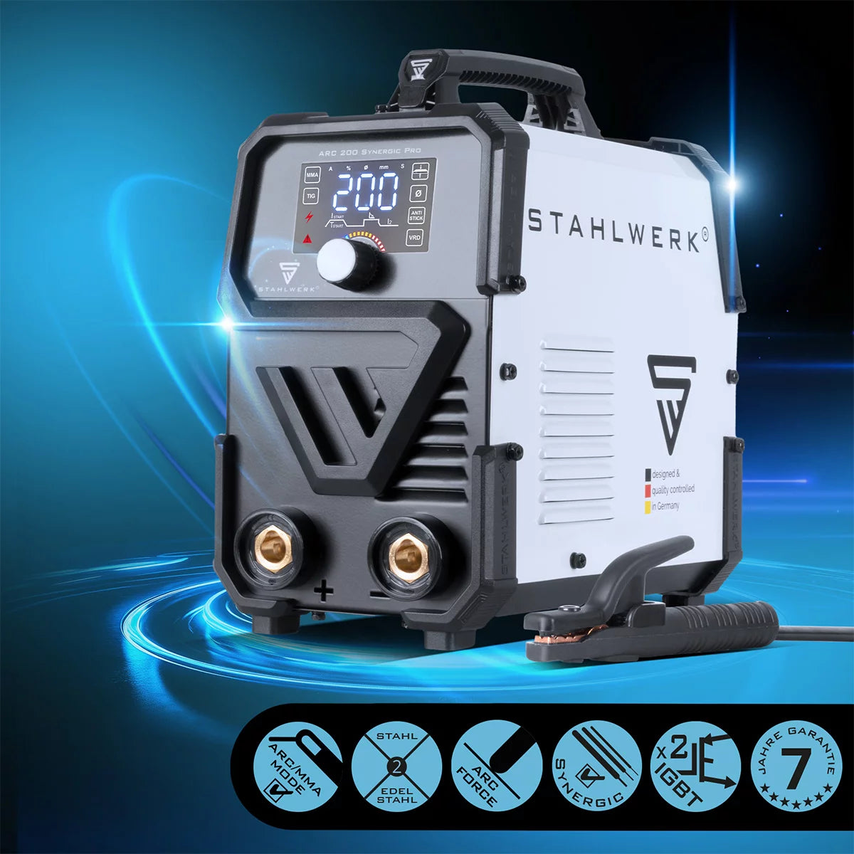 Stahlwerk ARC 200 Synergic Pro Full Equipment electrode welding device, fully syngian MMA | E-hand | Lift-Tig inverter with 200 ampere and IGBT technology